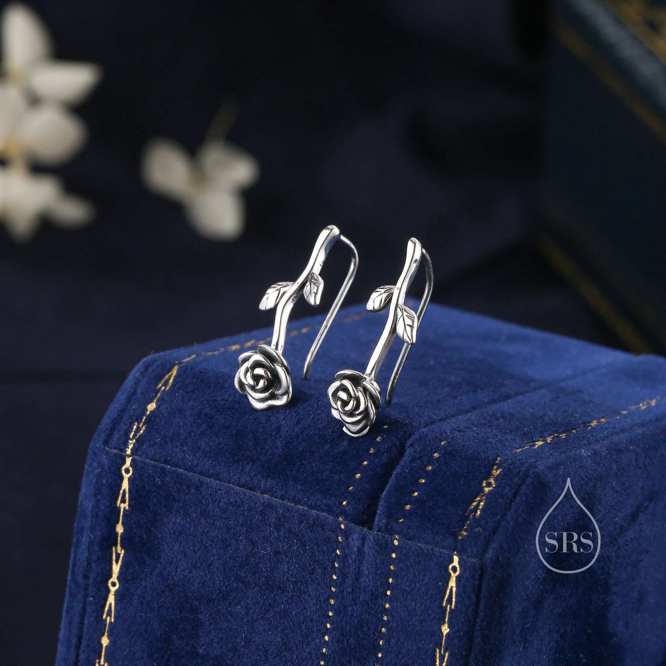 Rose Flower Crawler Earrings in Sterling Silver, Oxidised Silver or Two Tone, Nature Inspired Ear Climbers, Rose Earrings - Image 6
