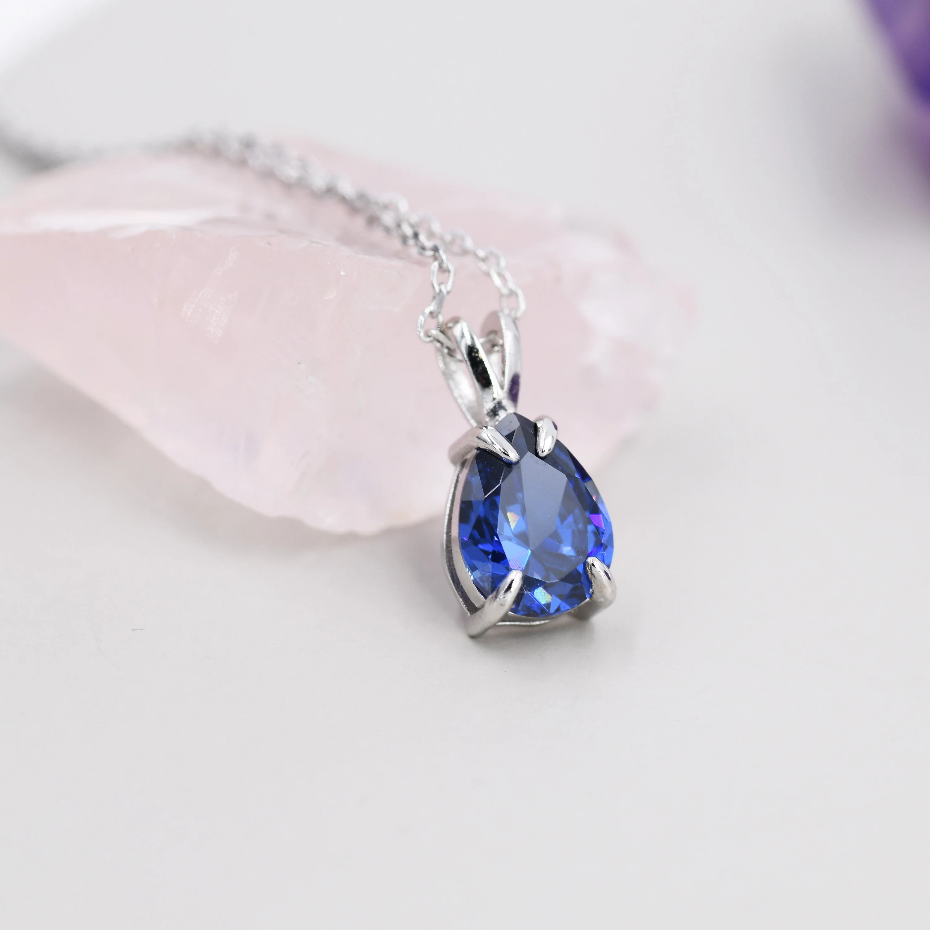 Royal Sapphire Blue Pear Cut CZ Necklace in Sterling Silver, 7 x 9mm, Dark Blue Droplet necklace, Diamond CZ, September Birthstone - Image 2