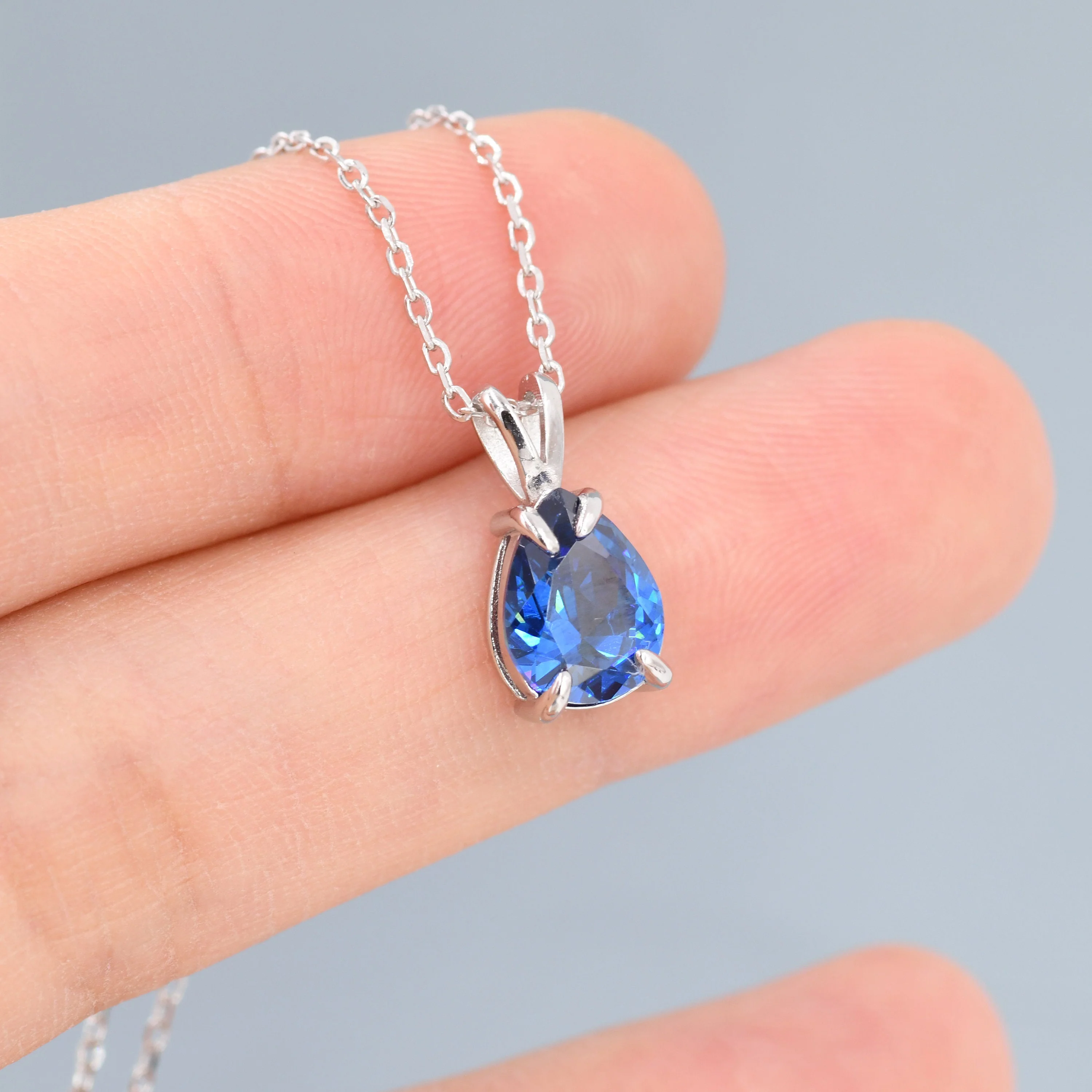 Royal Sapphire Blue Pear Cut CZ Necklace in Sterling Silver, 7 x 9mm, Dark Blue Droplet necklace, Diamond CZ, September Birthstone - Image 3