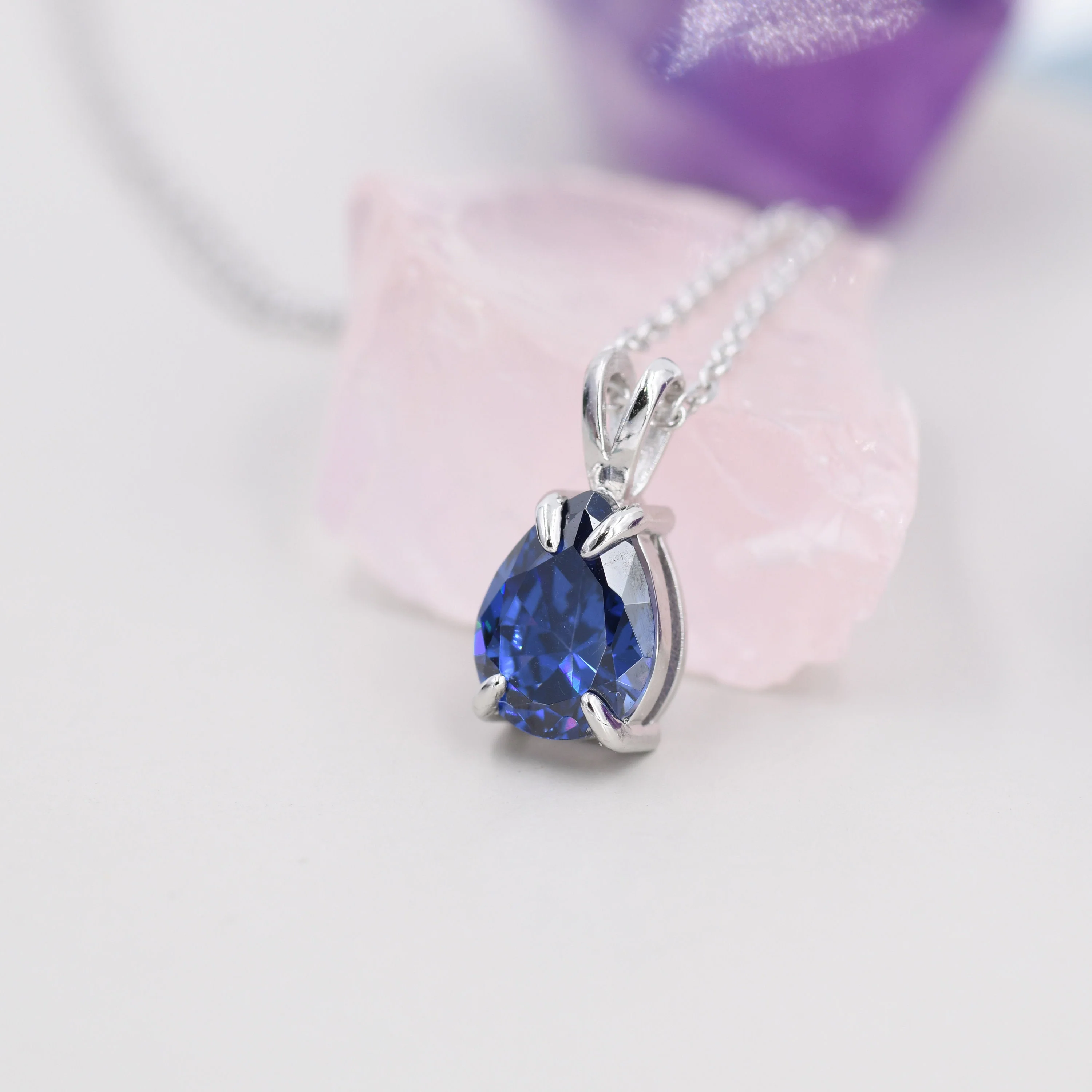 Royal Sapphire Blue Pear Cut CZ Necklace in Sterling Silver, 7 x 9mm, Dark Blue Droplet necklace, Diamond CZ, September Birthstone - Image 4