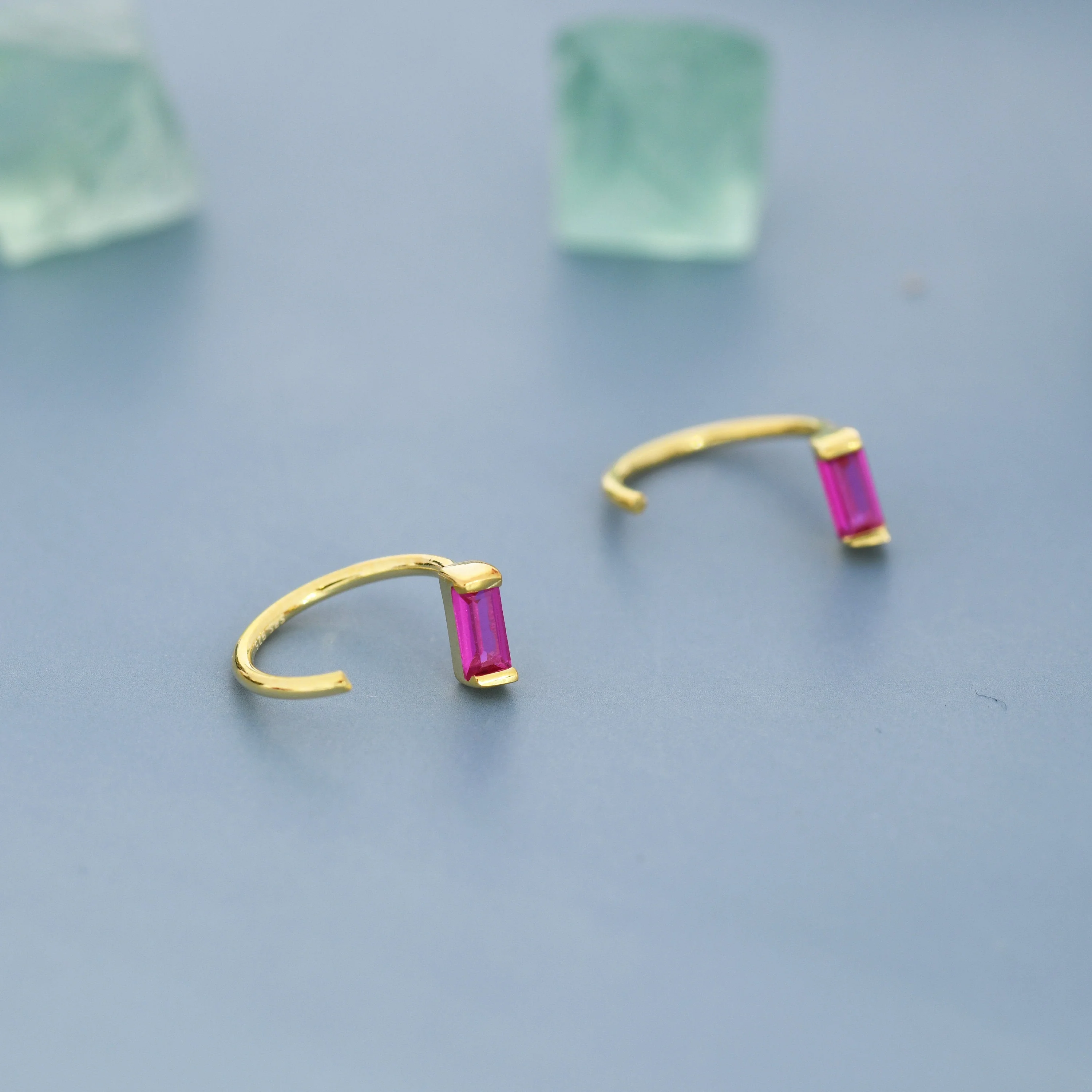 Ruby Pink Baguette Cut CZ Huggie Hoop Earrings in Sterling Silver, Silver or Gold, Open Hoops, Pull-Through Threader Earrings, Ruby Red - Image 2