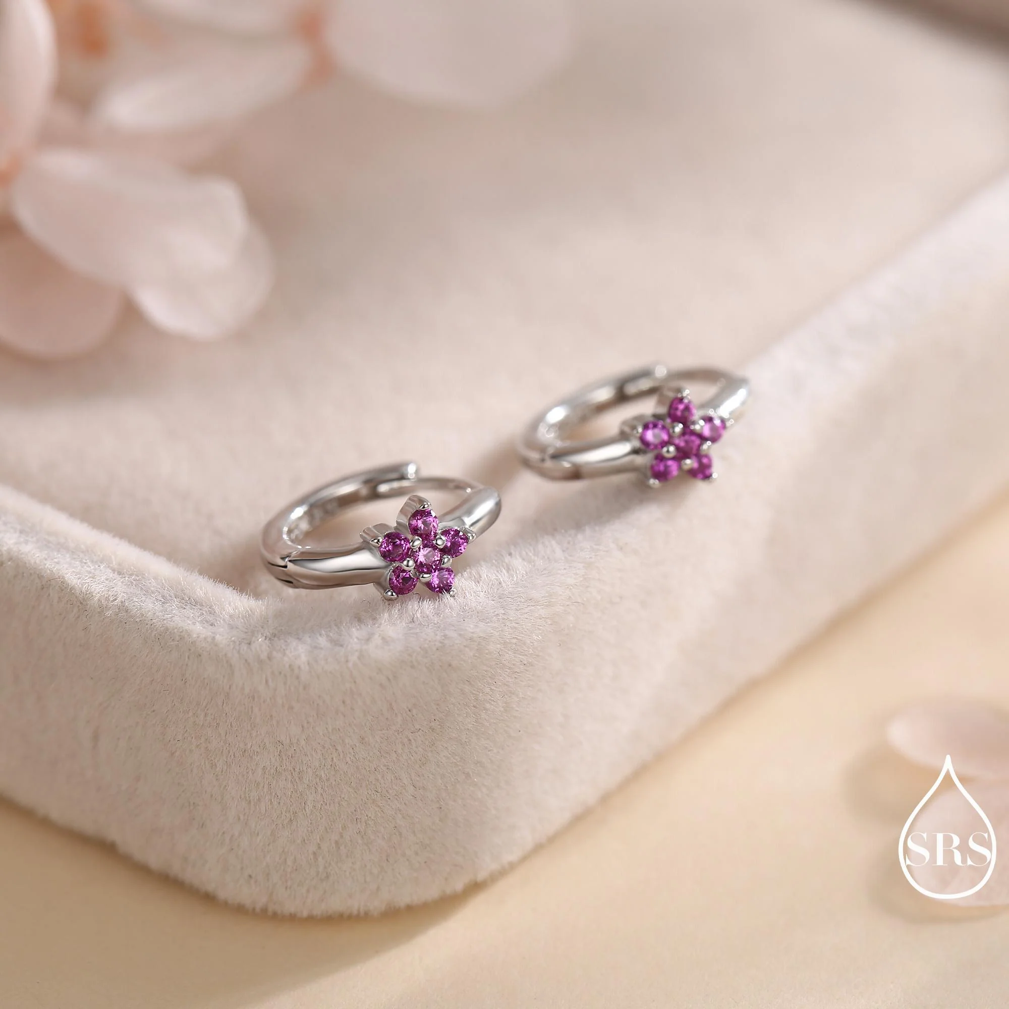 Ruby Pink CZ Flower Huggie Hoops, CZ Hoop Earrings in Sterling Silver, Crystal Flower Huggie Earrings, Pink Hoop Earrings, Ruby Red - Image 2