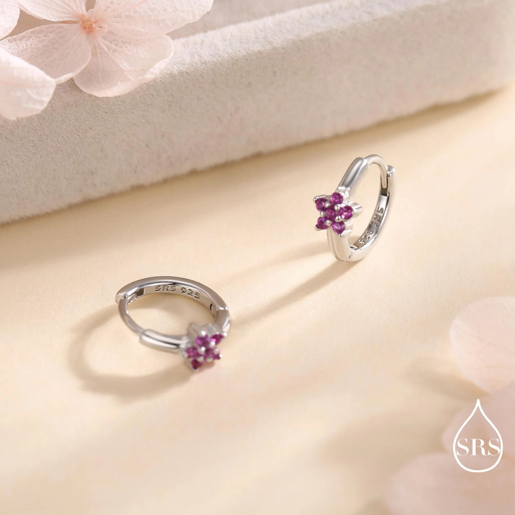 Ruby Pink CZ Flower Huggie Hoops, CZ Hoop Earrings in Sterling Silver, Crystal Flower Huggie Earrings, Pink Hoop Earrings, Ruby Red - Image 3