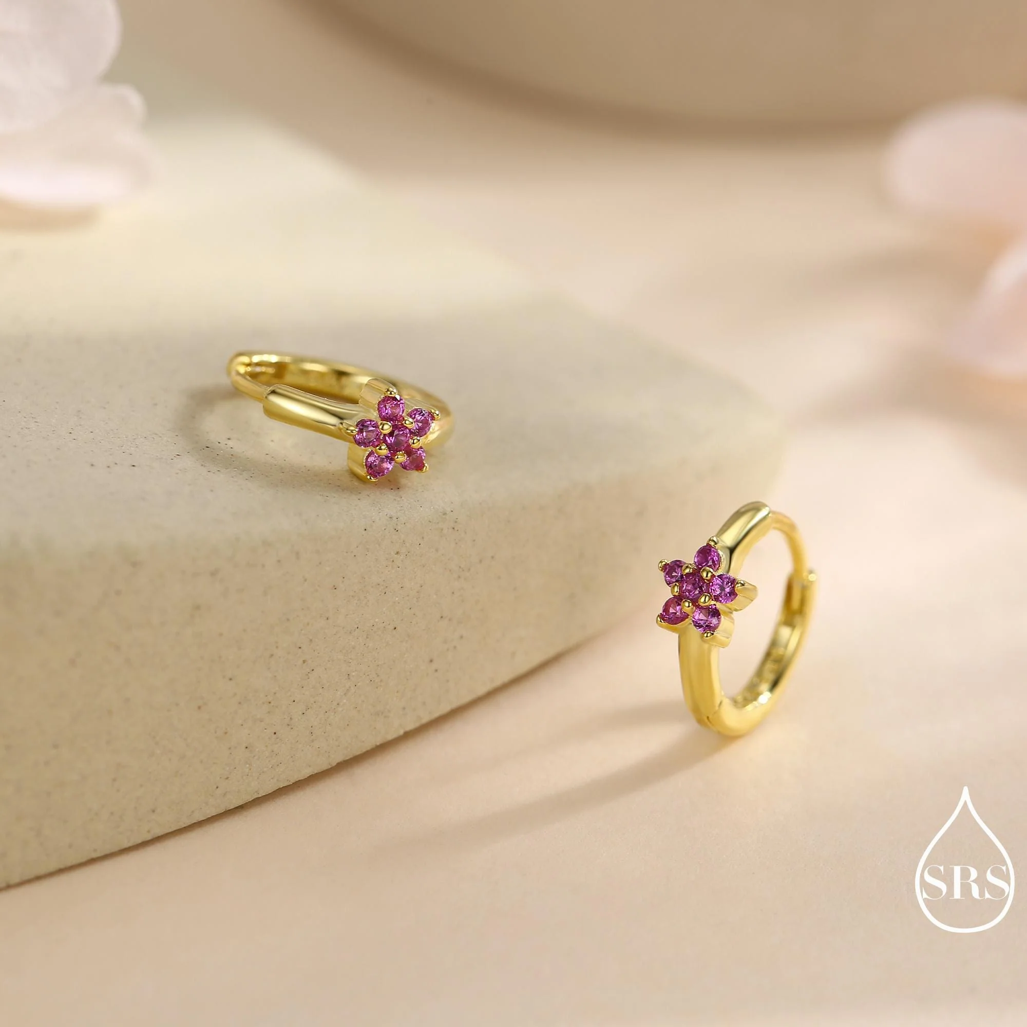 Ruby Pink CZ Flower Huggie Hoops, CZ Hoop Earrings in Sterling Silver, Crystal Flower Huggie Earrings, Pink Hoop Earrings, Ruby Red - Image 5