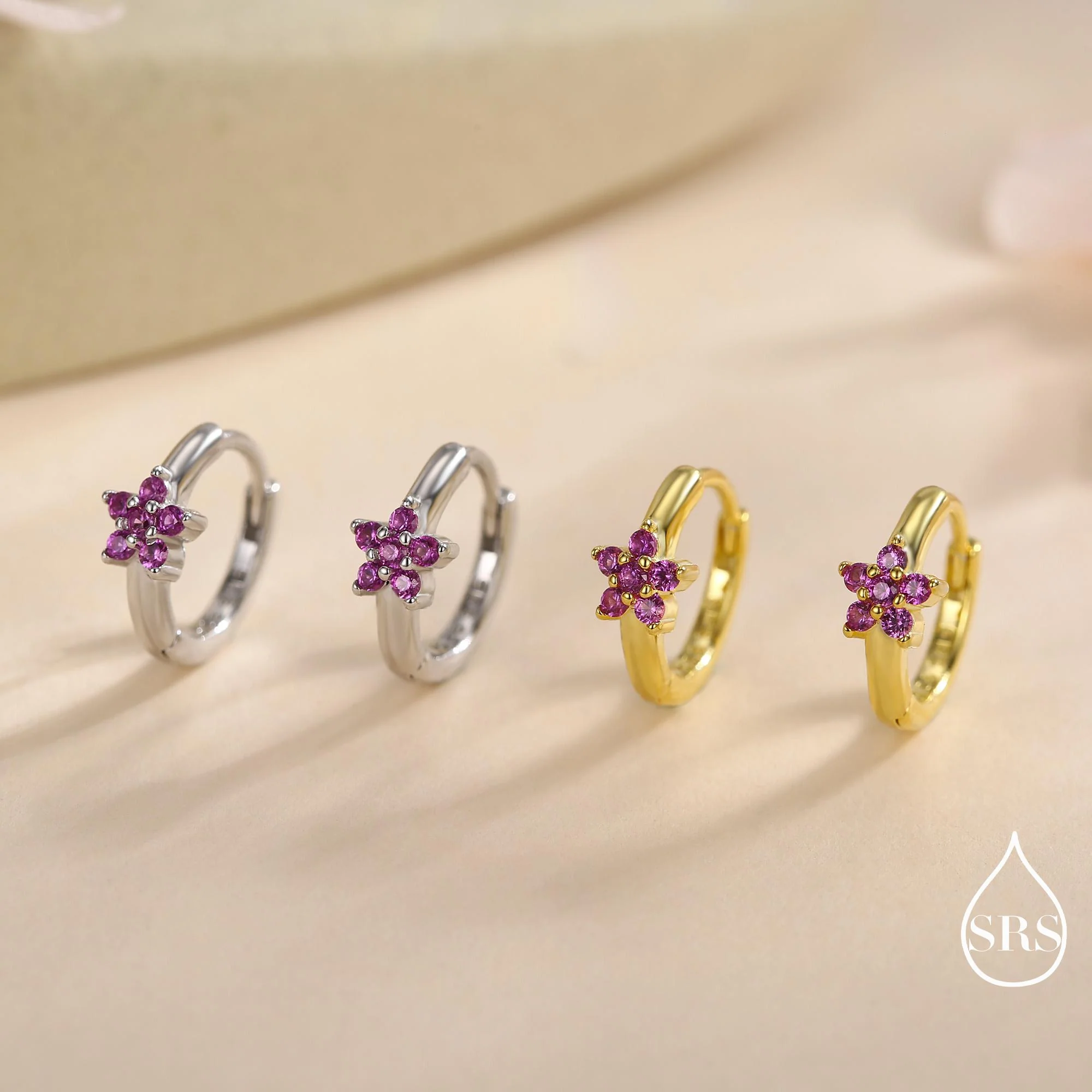 Ruby Pink CZ Flower Huggie Hoops, CZ Hoop Earrings in Sterling Silver, Crystal Flower Huggie Earrings, Pink Hoop Earrings, Ruby Red - Image 6