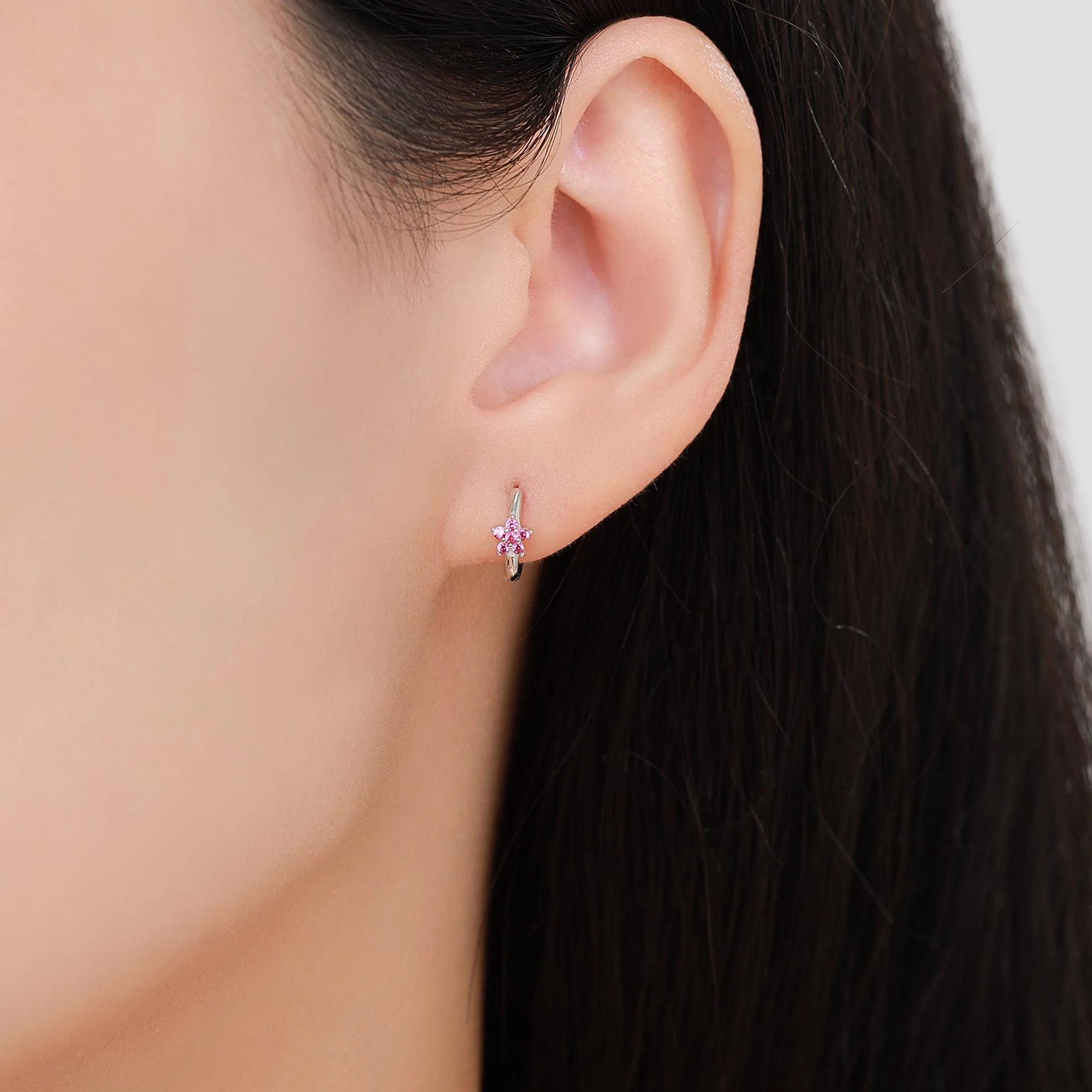 Ruby Pink CZ Flower Huggie Hoops, CZ Hoop Earrings in Sterling Silver, Crystal Flower Huggie Earrings, Pink Hoop Earrings, Ruby Red - Image 7
