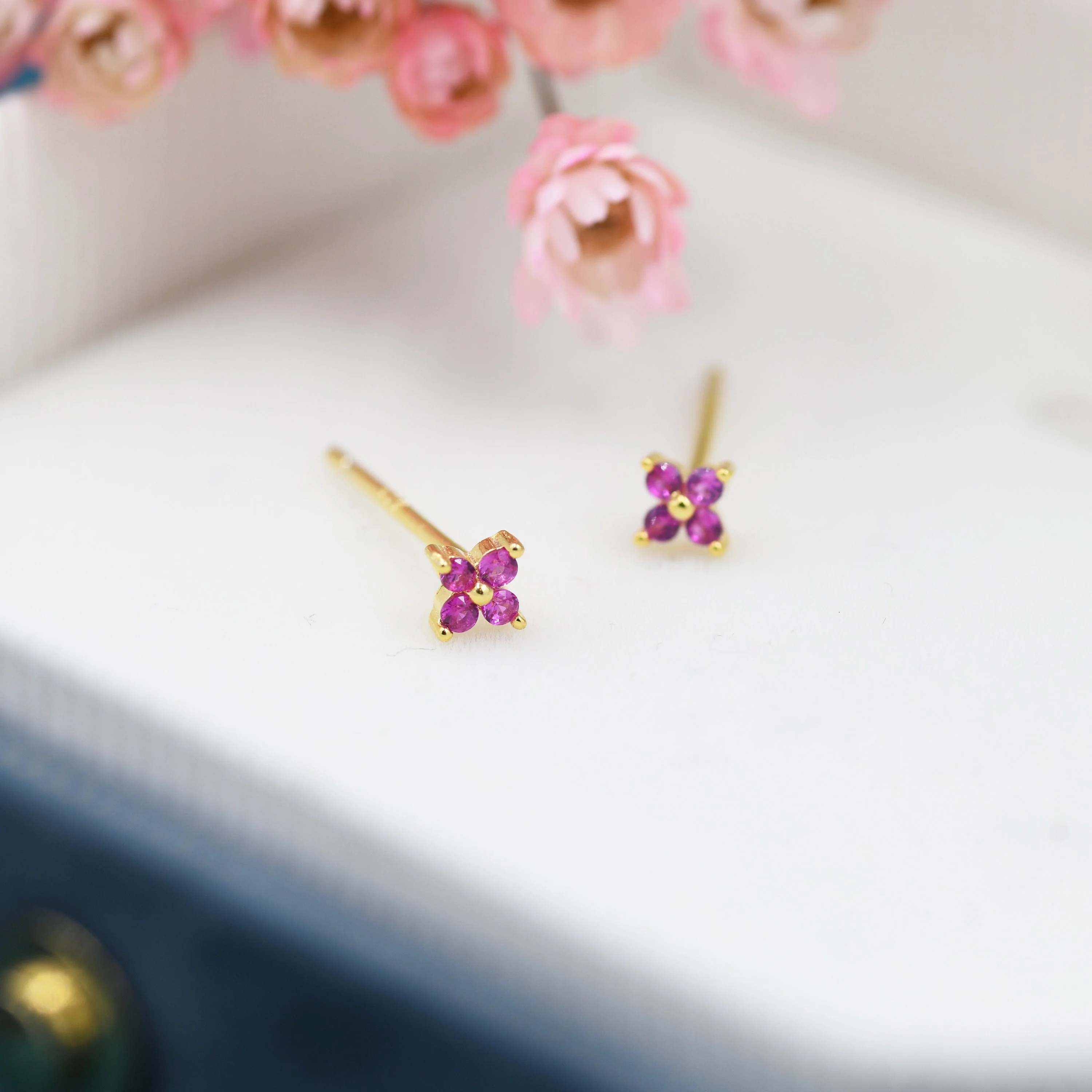 Ruby Pink CZ Flower Stud Earrings in Sterling Silver, Crystal Flower Earring, Four Crystal Stud - Image 4