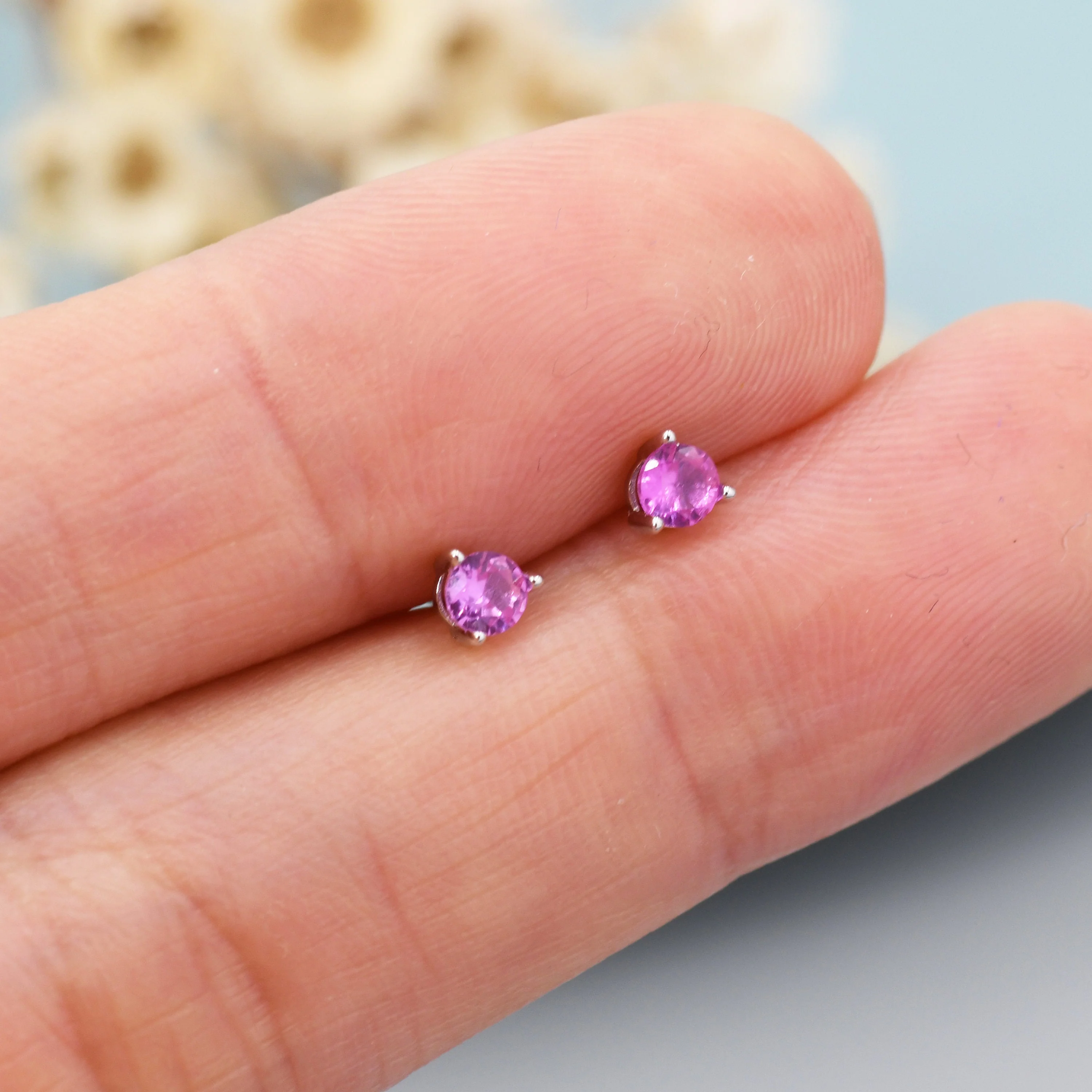 Ruby Pink CZ Tiny Stud Earrings in Sterling Silver, Silver or Gold, 3mm, Three Prong, Pink Stacking Earrings, July Birthstone - Image 3