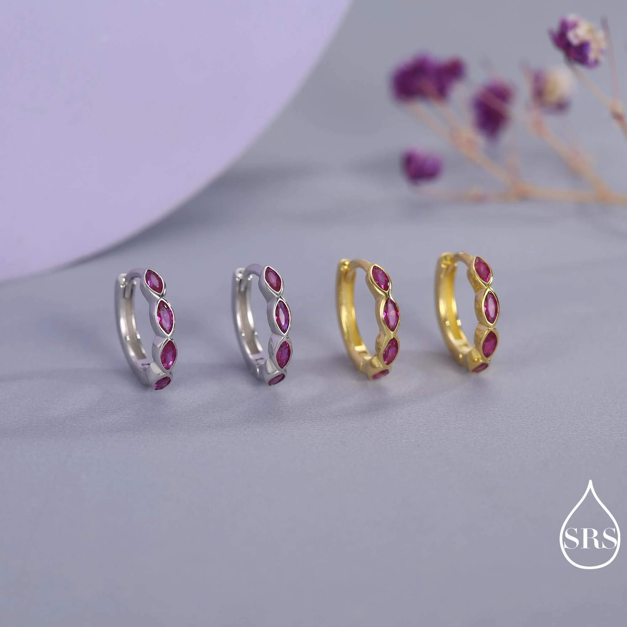 Ruby Pink Marquise CZ Huggie Hoop in Sterling Silver, Silver or Gold, Minimalist Simple Pink Hoop Earrings, Ruby Red - Image 3