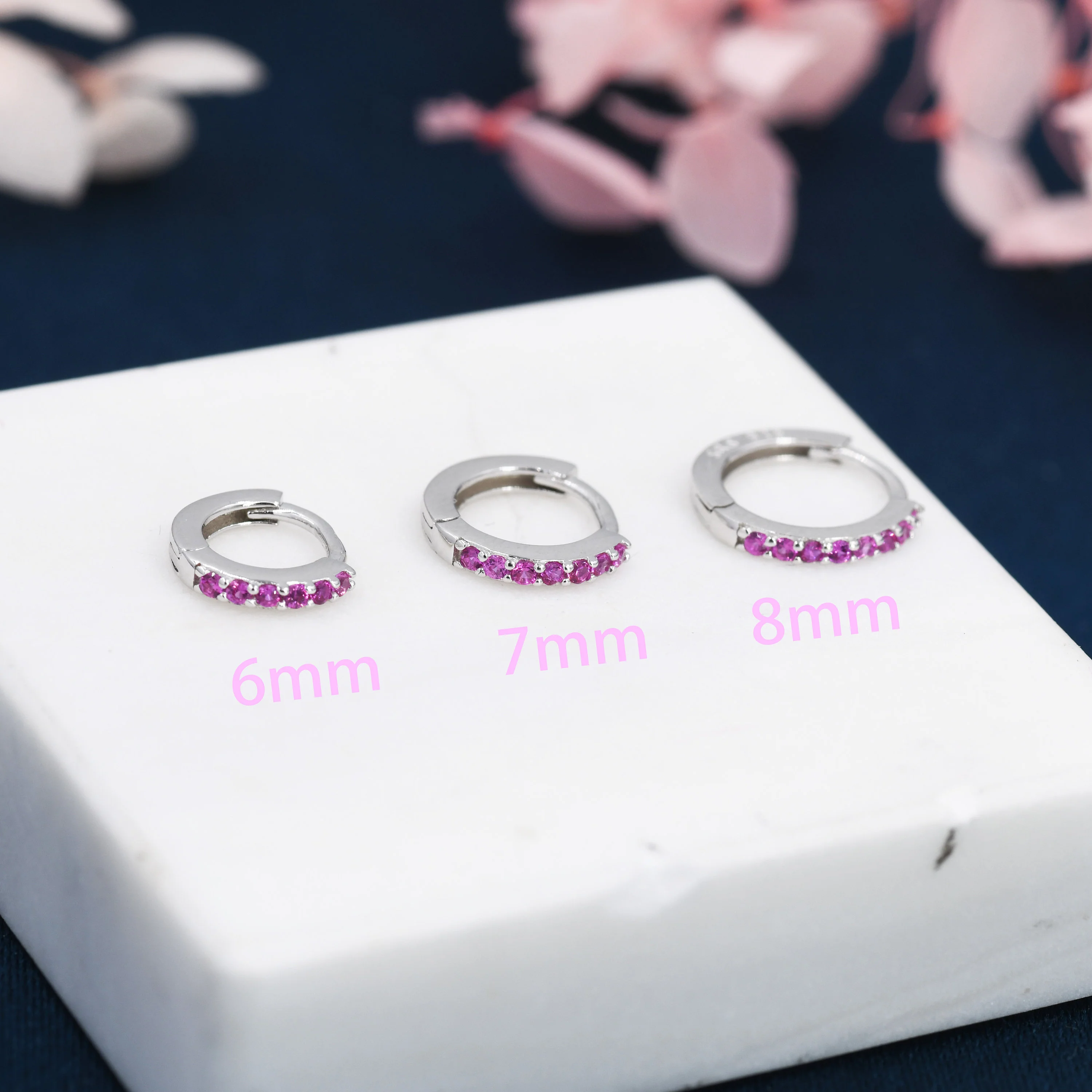 Ruby Red CZ Crystal Huggie Hoops in Sterling Silver, Silver or Gold, 6mm, 7mm and 8mm Minimalist Hoop Earrings, Pink Ruby July Birthstone - Image 4