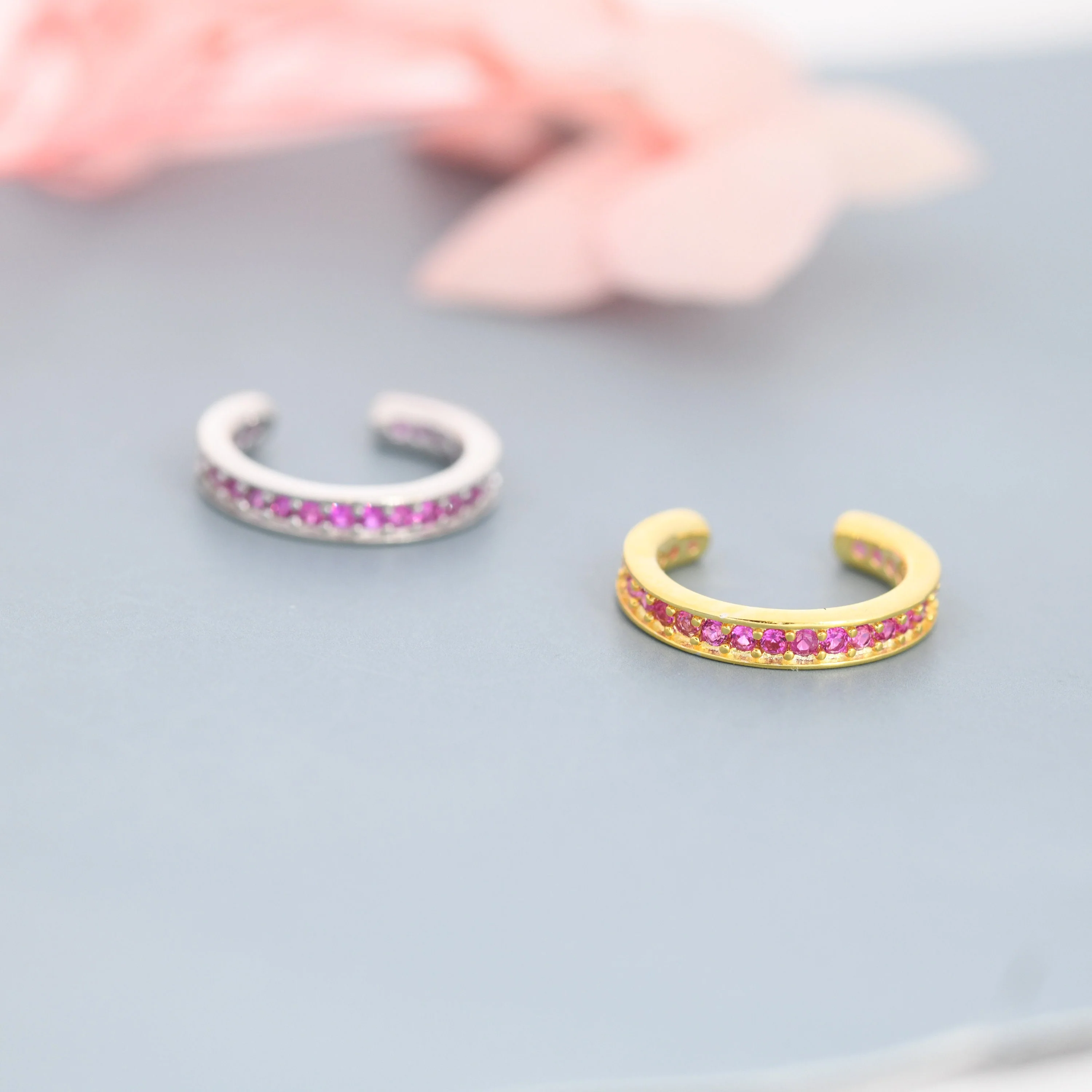 Ruby Red CZ Ear Cuff in Sterling Silver, Silver or Gold, Simple Piercing Free Earrings, Minimalist Ear Cuff, Ruby Pink Cuff - Image 3