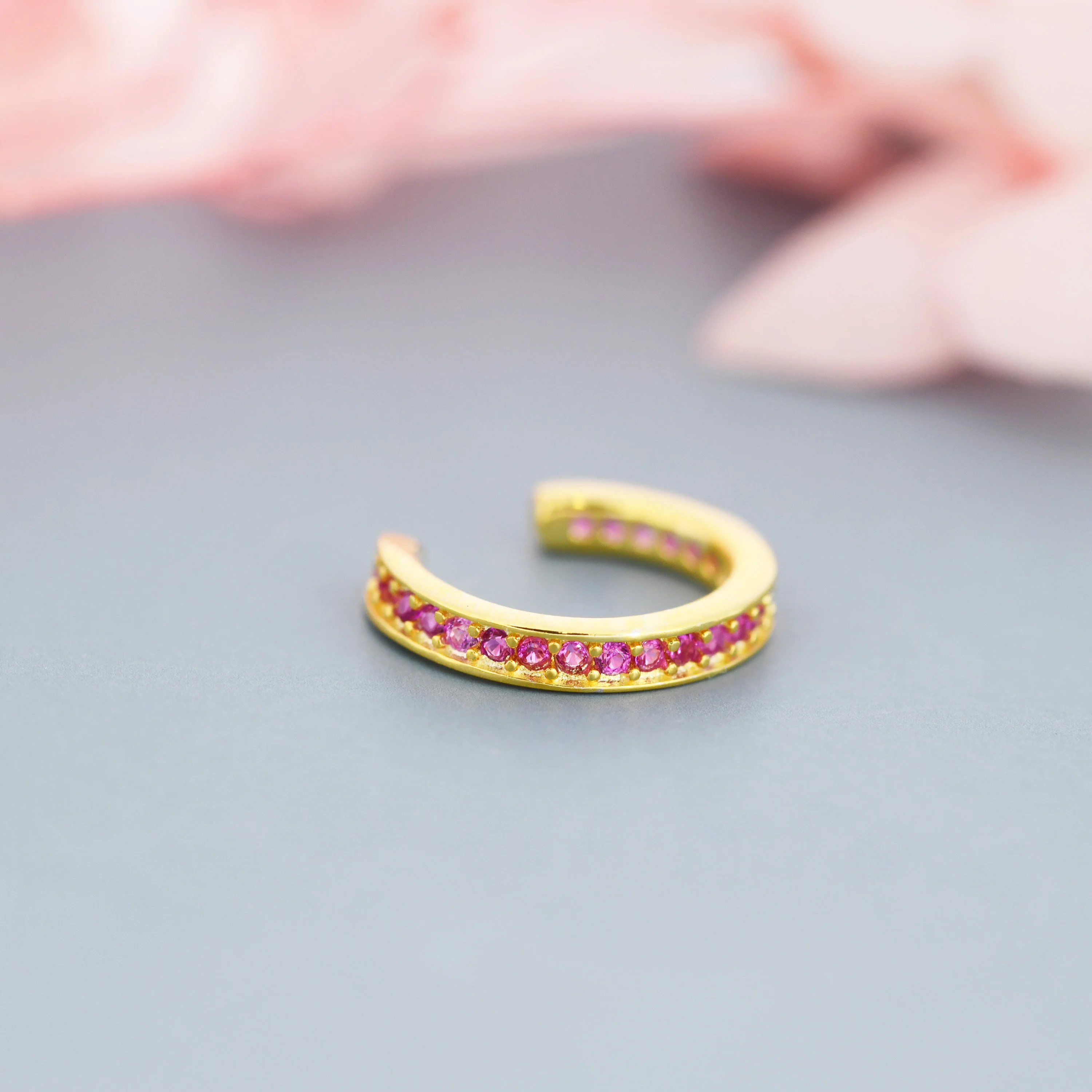 Ruby Red CZ Ear Cuff in Sterling Silver, Silver or Gold, Simple Piercing Free Earrings, Minimalist Ear Cuff, Ruby Pink Cuff - Image 4