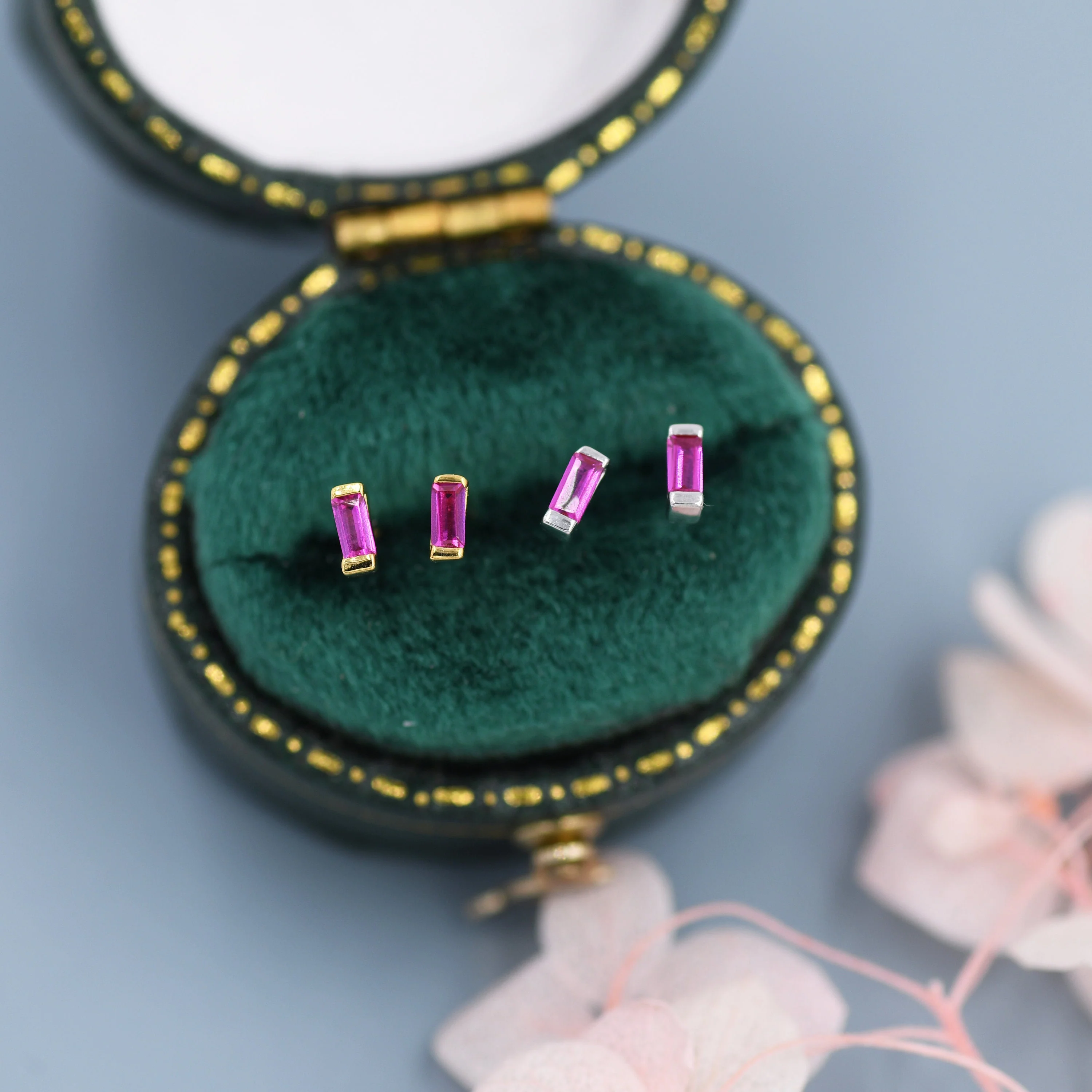 Ruby Red Tiny Baguette CZ Stud Earrings in Sterling Silver, Silver or Gold, Geometric Tiny Pink CZ Earrings, Stacking Earrings - Image 4