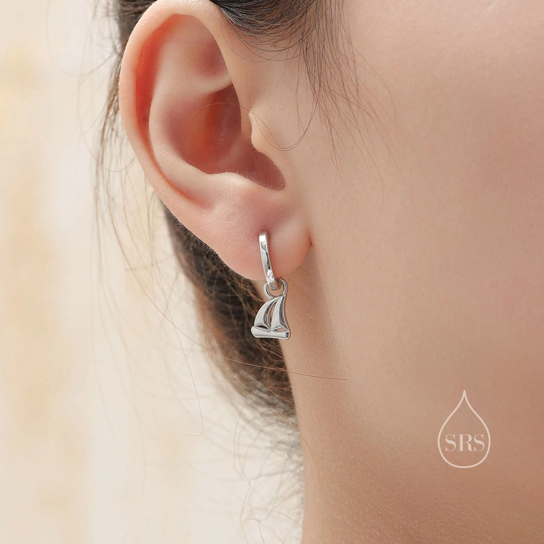 Sailing Boat Charm Huggie Hoop Earrings in Sterling Silver, Silver, Gold or Rose Gold, Boat Earrings, Sailing Boat Earrings, Detachable - Image 2