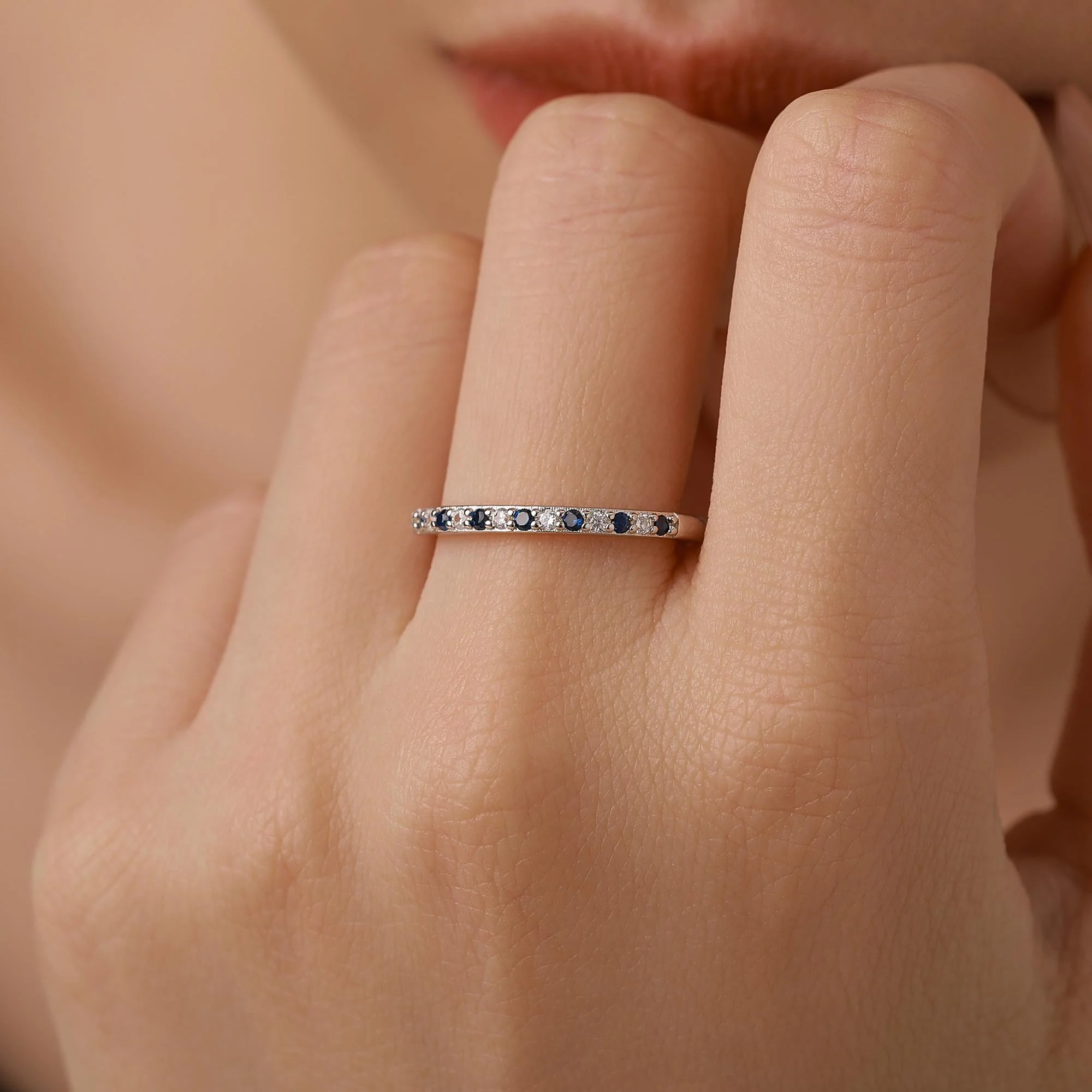Sapphire Blue and Clear CZ Half Eternity Ring in Sterling Silver, Silver or Gold, Sapphire Blue CZ Skinny Ring, Stacking Ring US 5 - 8 - Image 2
