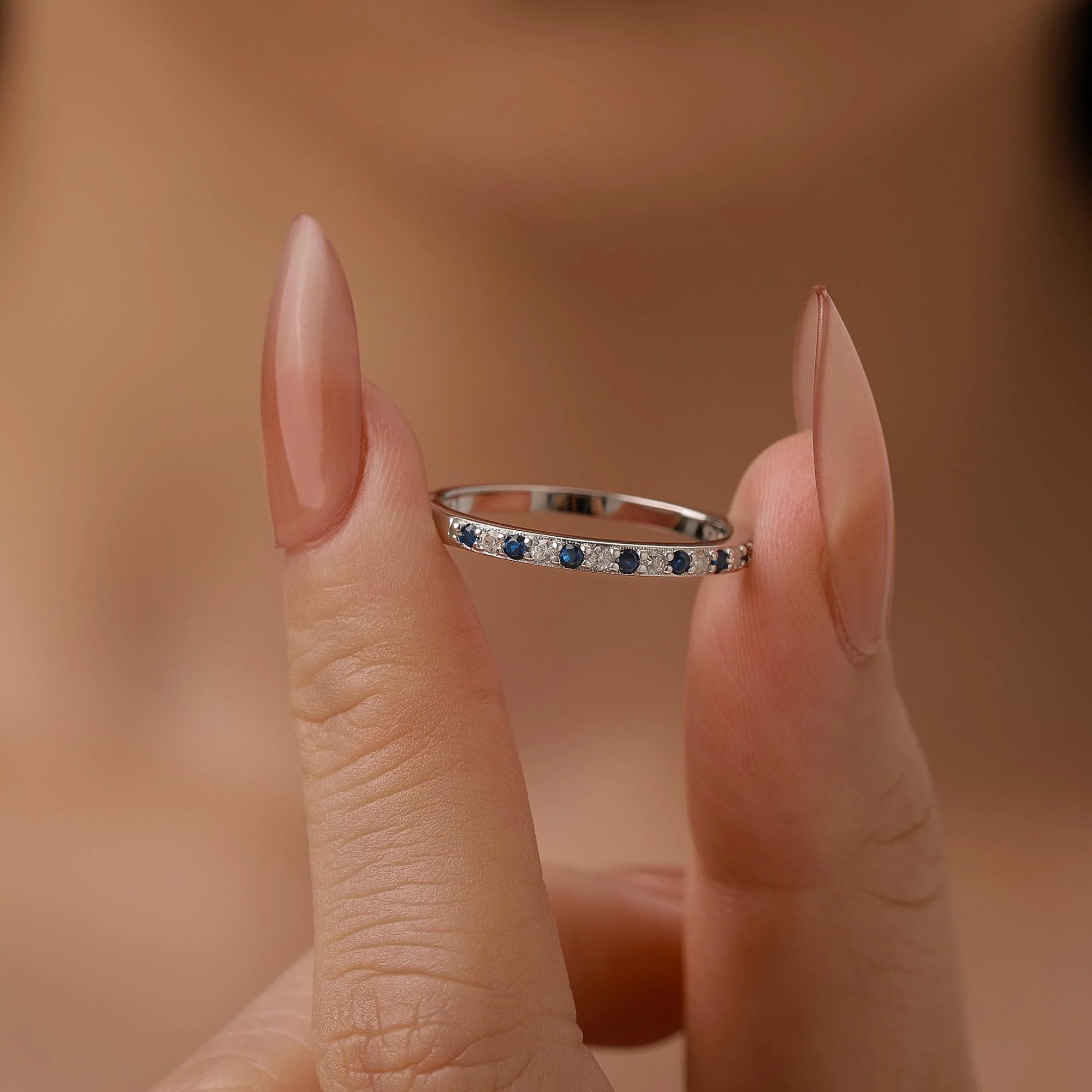 Sapphire Blue and Clear CZ Half Eternity Ring in Sterling Silver, Silver or Gold, Sapphire Blue CZ Skinny Ring, Stacking Ring US 5 - 8 - Image 3