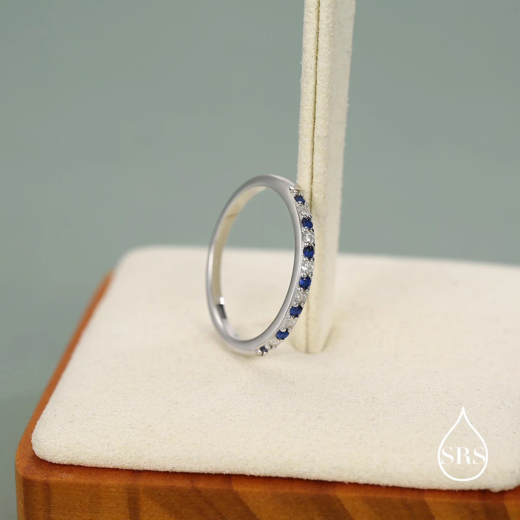 Sapphire Blue and Clear CZ Half Eternity Ring in Sterling Silver, Silver or Gold, Sapphire Blue CZ Skinny Ring, Stacking Ring US 5 - 8 - Image 4