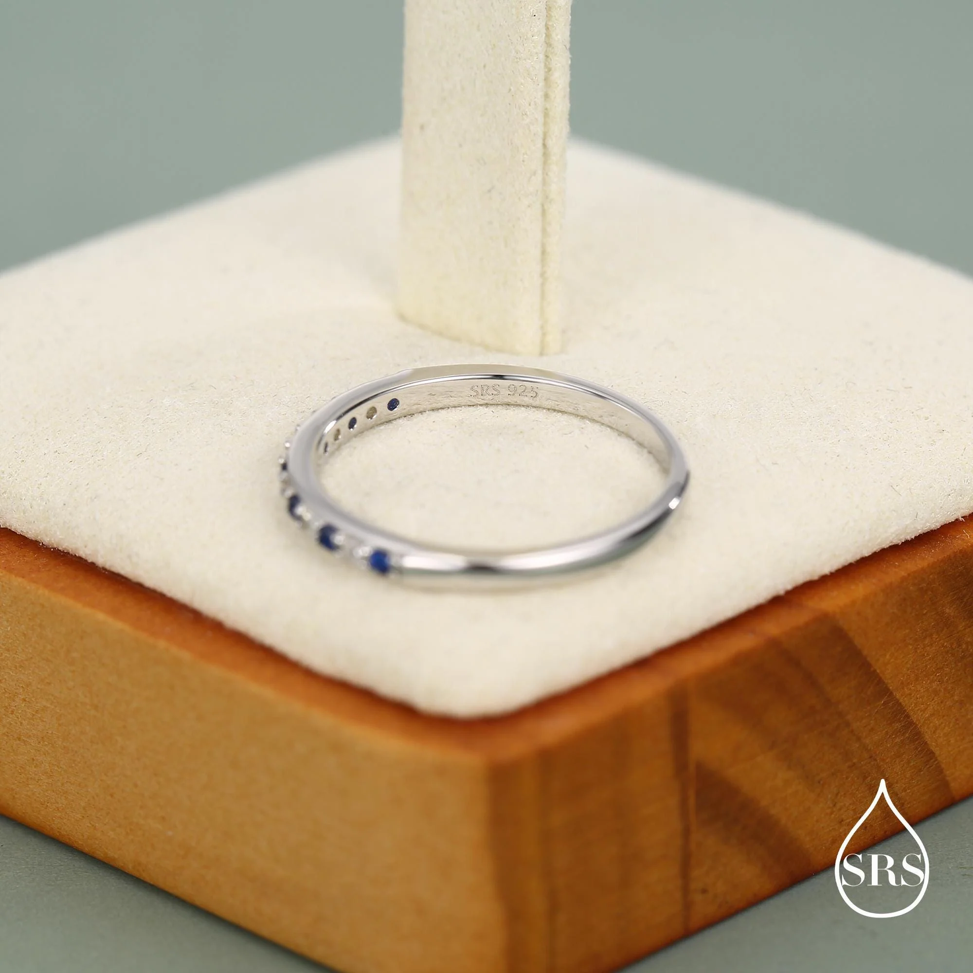 Sapphire Blue and Clear CZ Half Eternity Ring in Sterling Silver, Silver or Gold, Sapphire Blue CZ Skinny Ring, Stacking Ring US 5 - 8 - Image 5