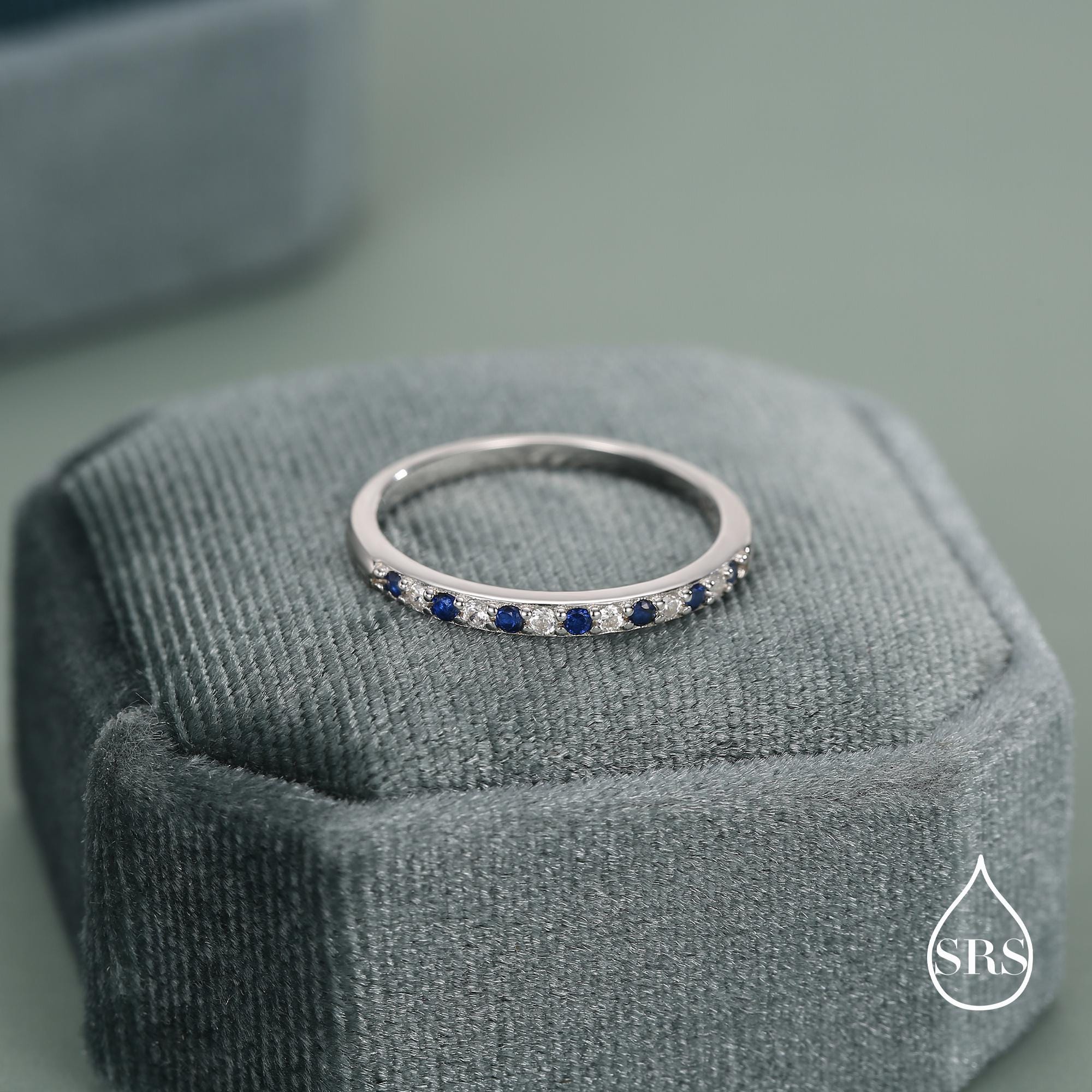 Sapphire Blue and Clear CZ Half Eternity Ring in Sterling Silver, Silver or Gold, Sapphire Blue CZ Skinny Ring, Stacking Ring US 5 - 8 - Image 6