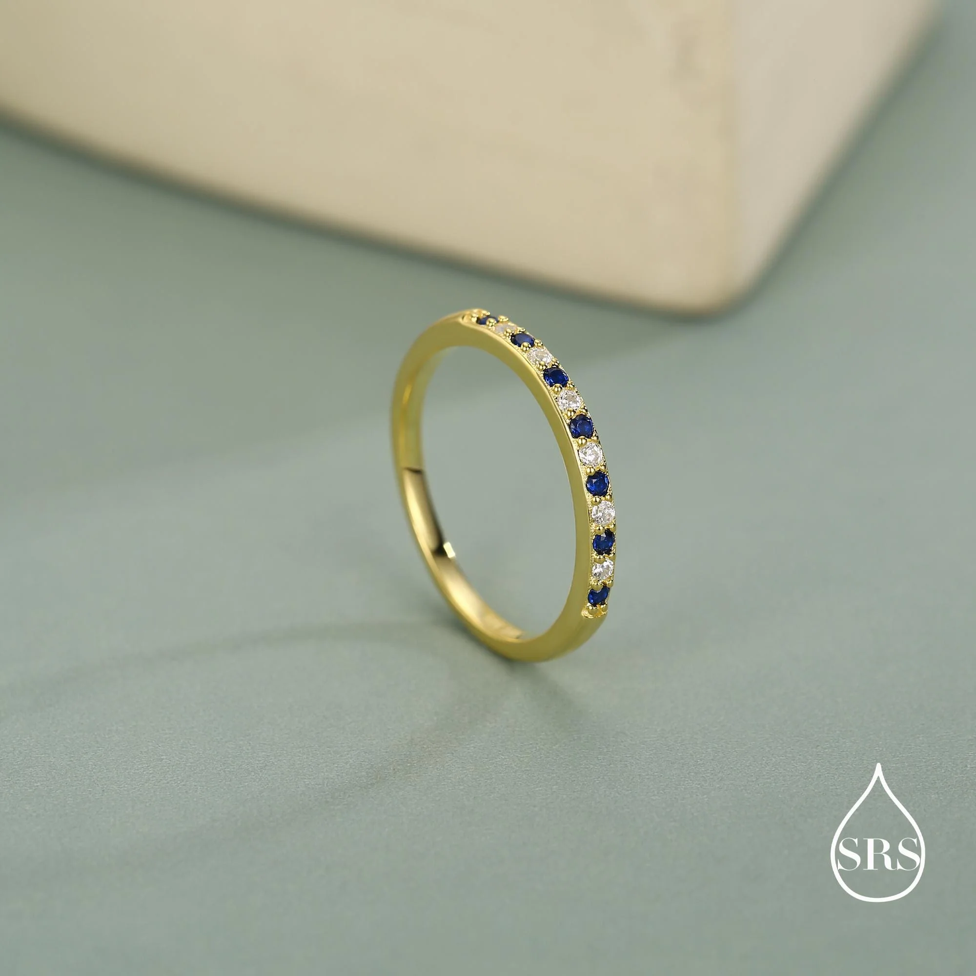 Sapphire Blue and Clear CZ Half Eternity Ring in Sterling Silver, Silver or Gold, Sapphire Blue CZ Skinny Ring, Stacking Ring US 5 - 8 - Image 7