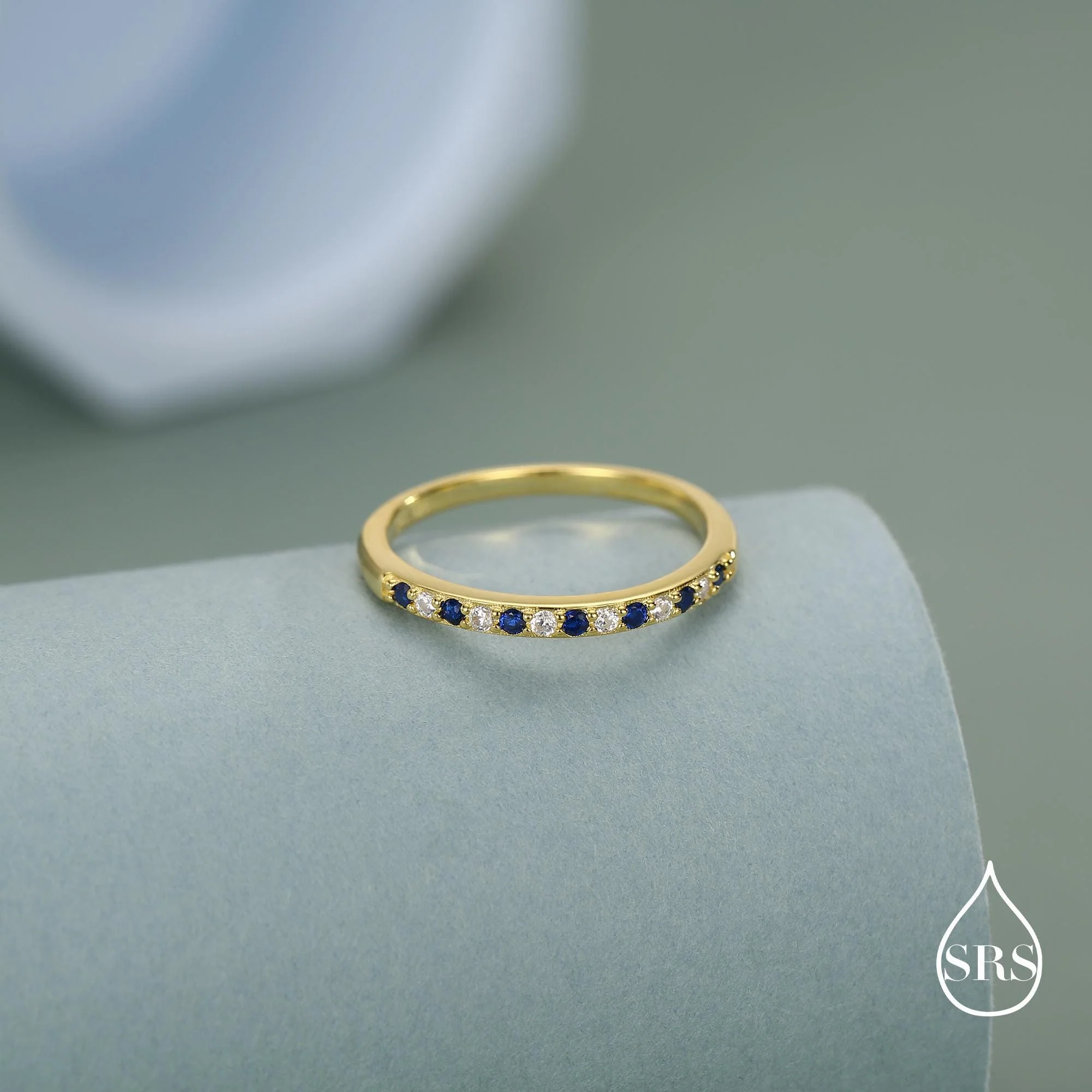 Sapphire Blue and Clear CZ Half Eternity Ring in Sterling Silver, Silver or Gold, Sapphire Blue CZ Skinny Ring, Stacking Ring US 5 - 8 - Image 8