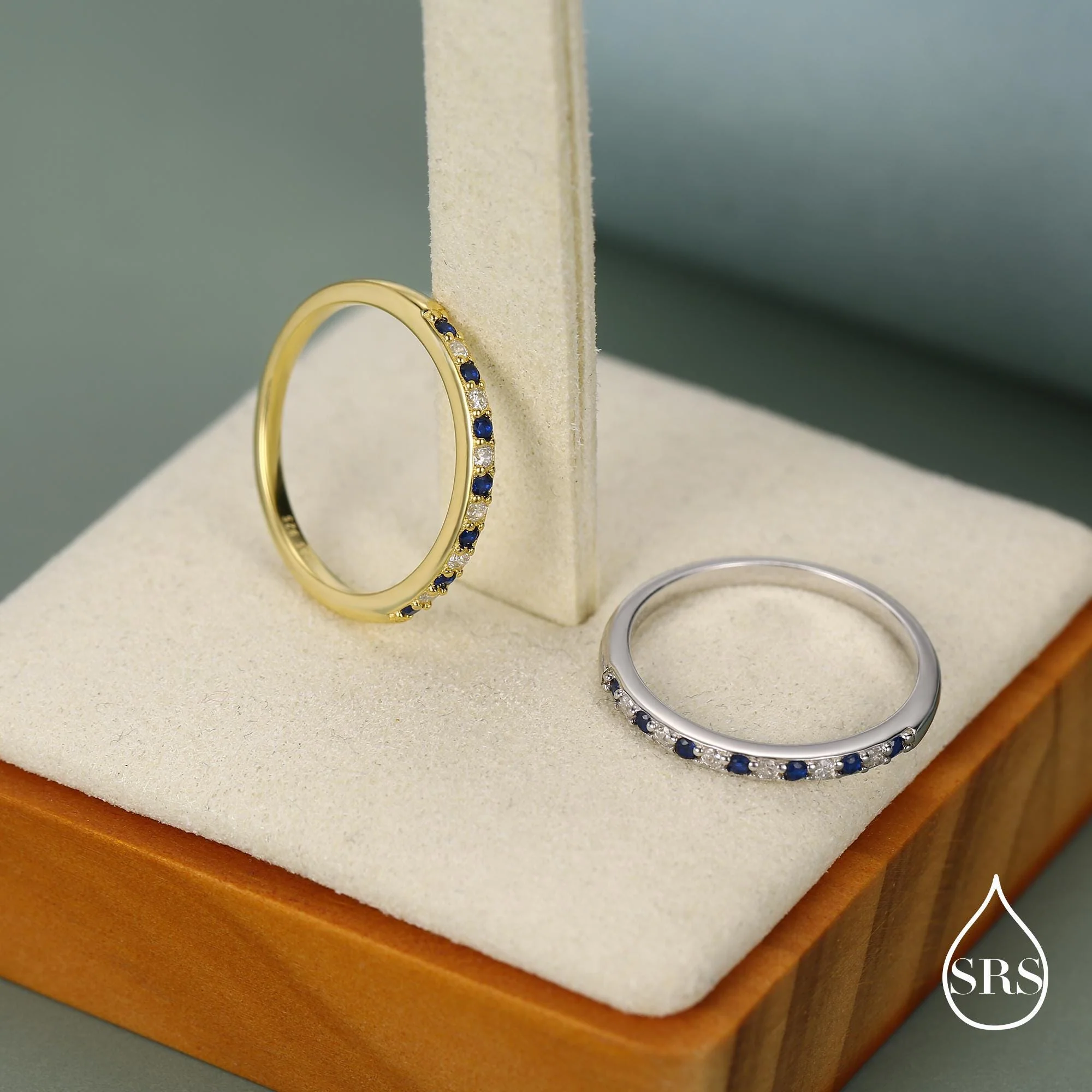 Sapphire Blue and Clear CZ Half Eternity Ring in Sterling Silver, Silver or Gold, Sapphire Blue CZ Skinny Ring, Stacking Ring US 5 - 8 - Image 9