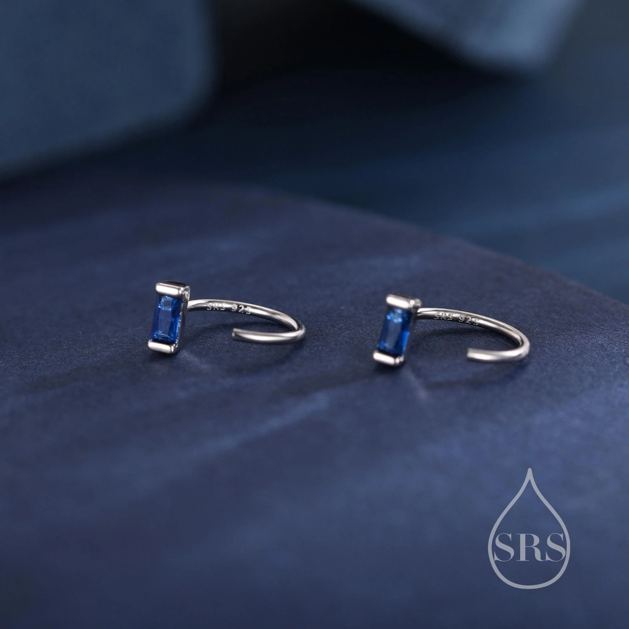 Sapphire Blue Baguette Cut CZ Huggie Hoop Earrings in Sterling Silver, Silver or Gold, Open Hoops, Pull-Through Threader Earrings - Image 4