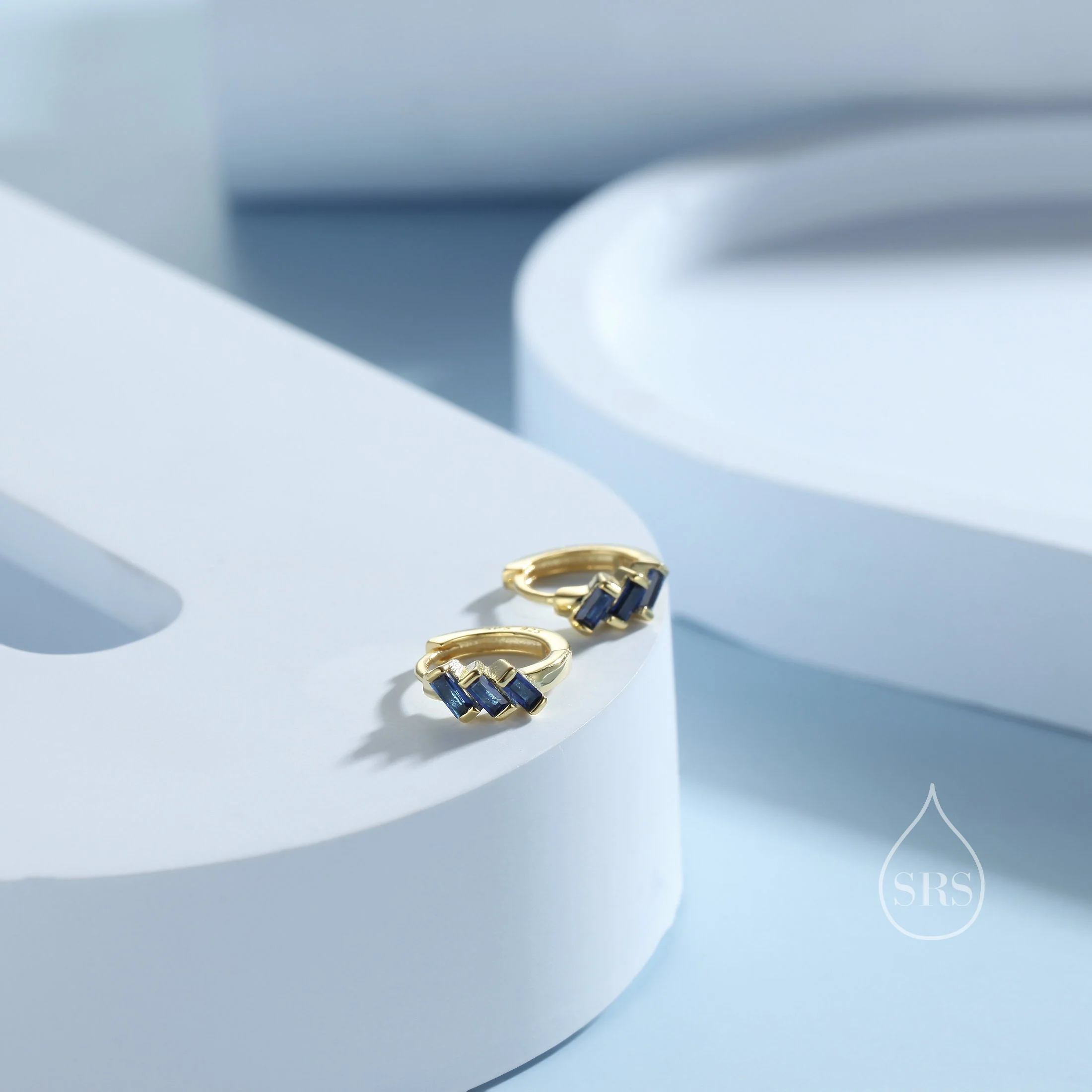 Sapphire Blue Baguette CZ Cluster Huggie Hoop in Sterling Silver, Silver or Gold, Geometric Hoop Earrings - Image 3
