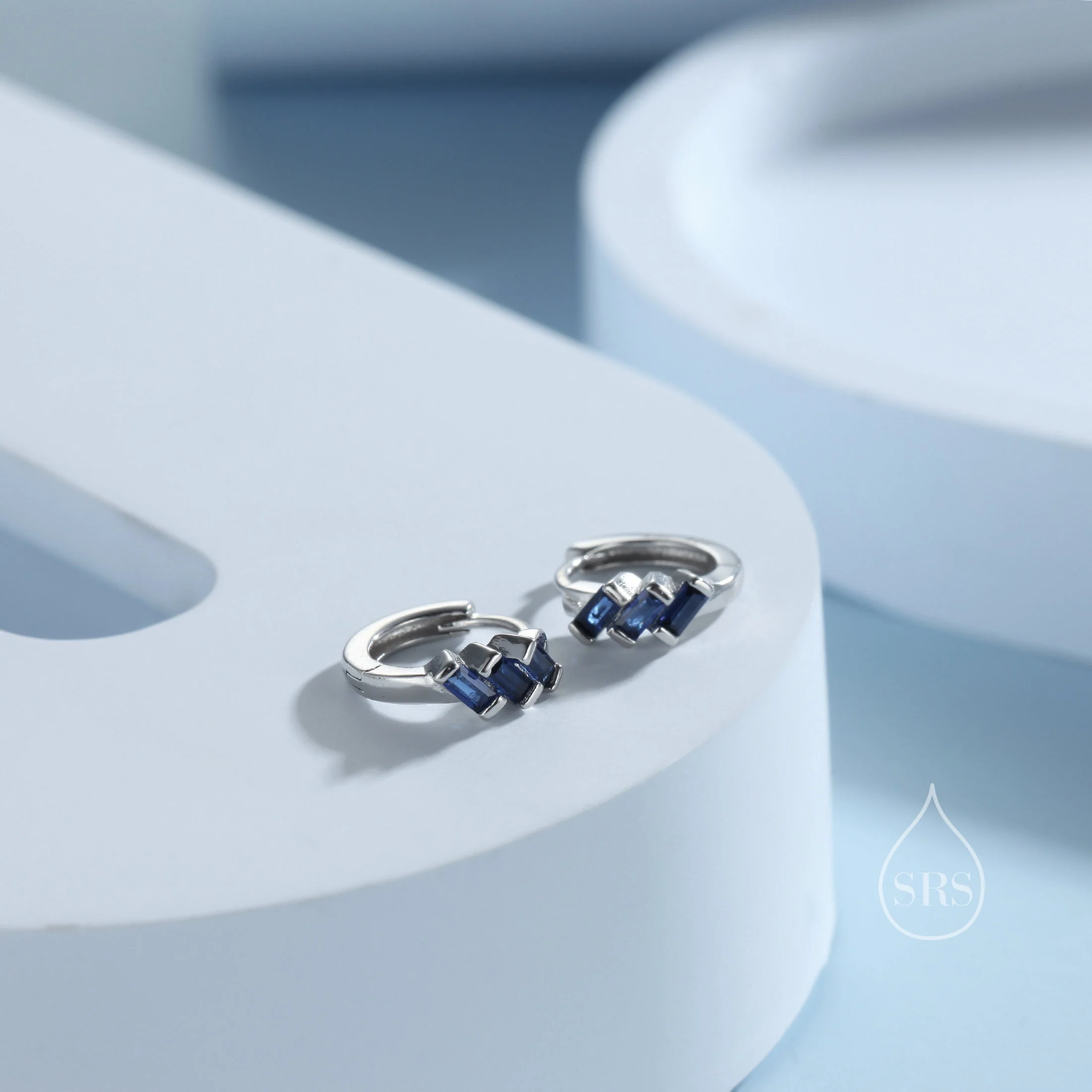 Sapphire Blue Baguette CZ Cluster Huggie Hoop in Sterling Silver, Silver or Gold, Geometric Hoop Earrings - Image 4