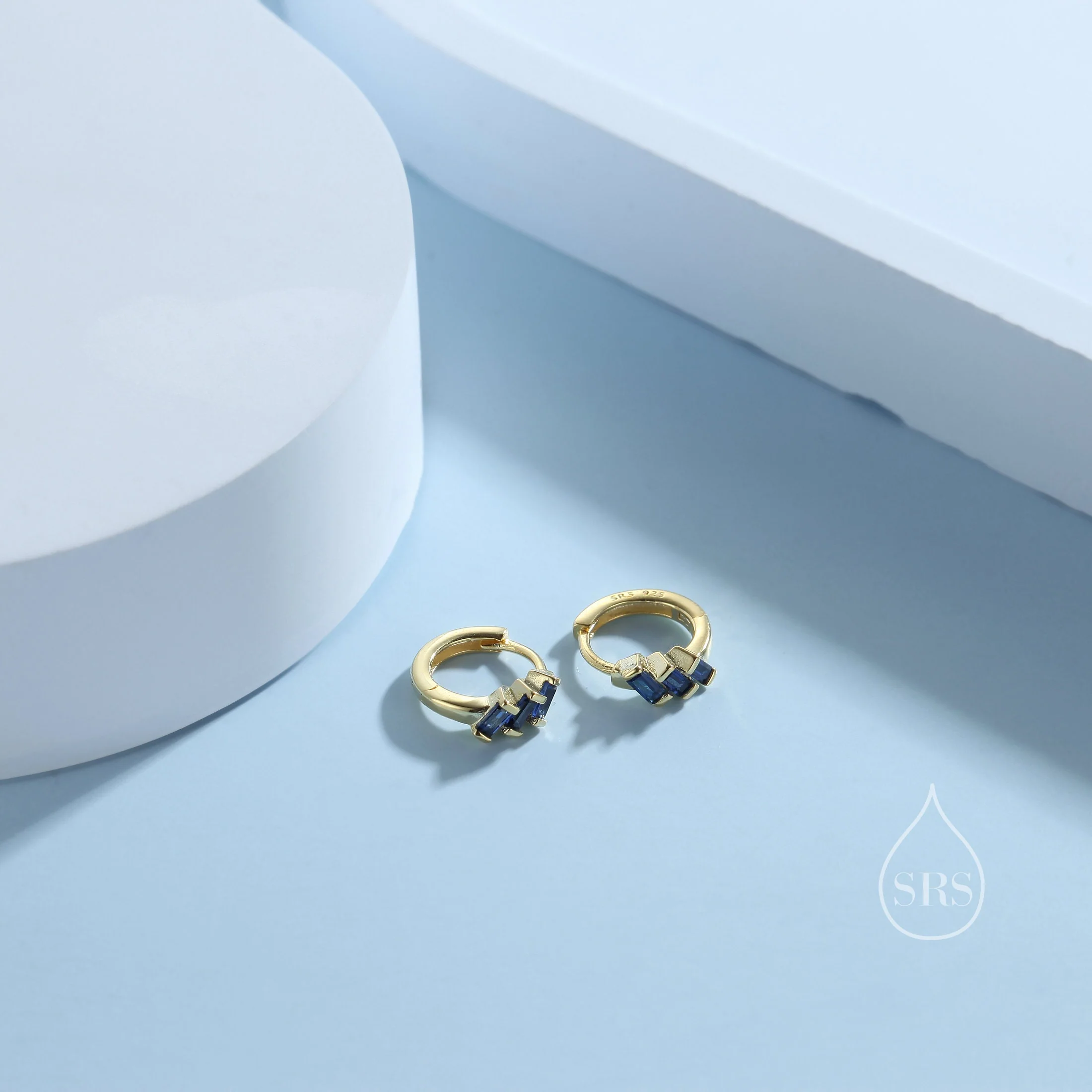 Sapphire Blue Baguette CZ Cluster Huggie Hoop in Sterling Silver, Silver or Gold, Geometric Hoop Earrings - Image 5