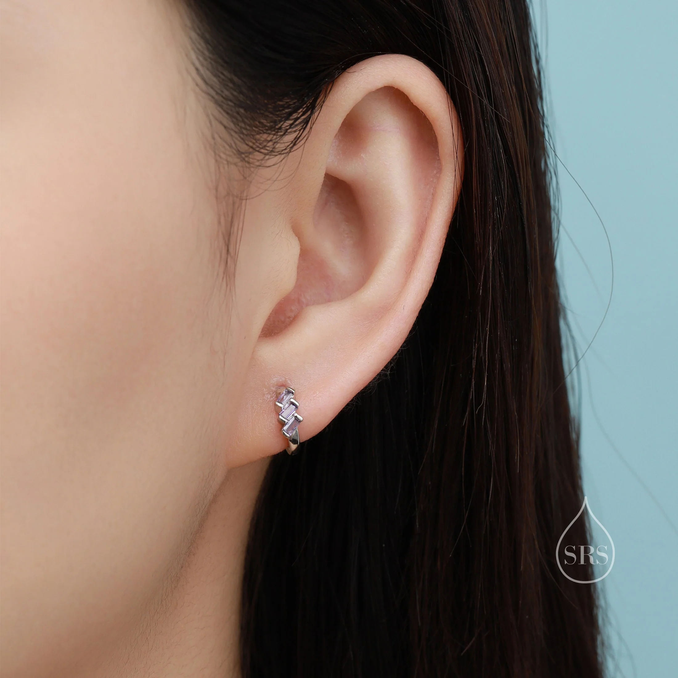 Sapphire Blue Baguette CZ Cluster Huggie Hoop in Sterling Silver, Silver or Gold, Geometric Hoop Earrings - Image 8