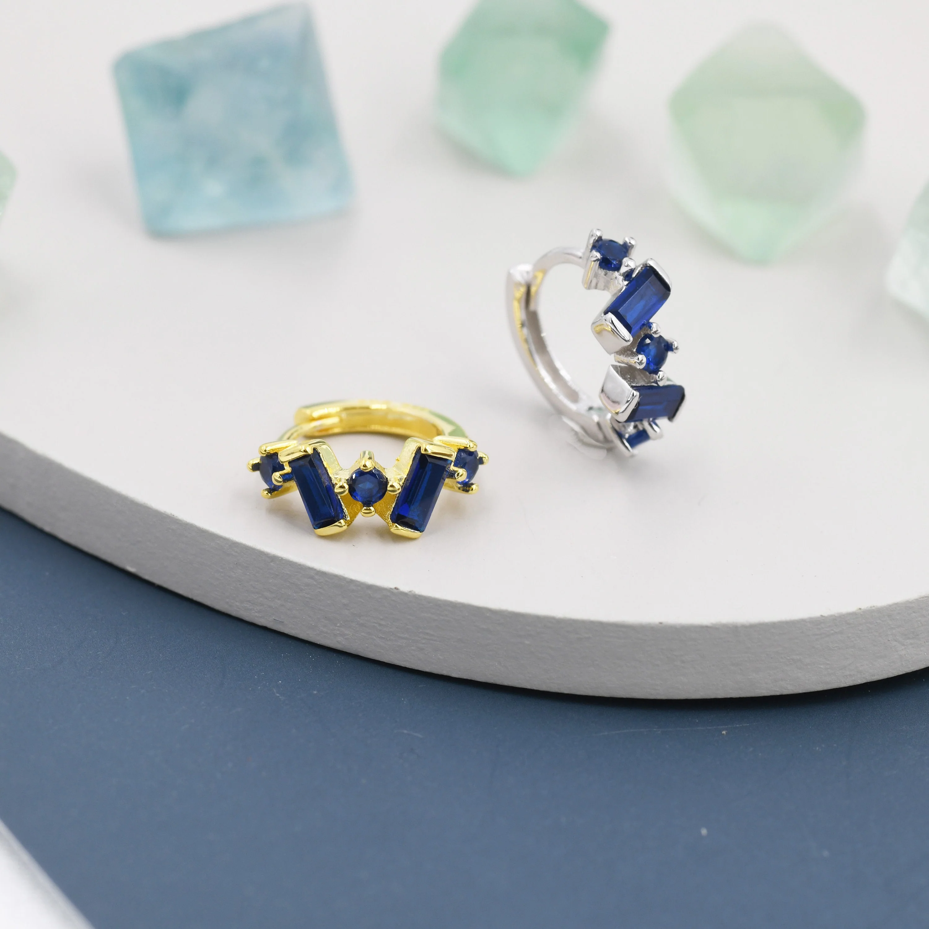 Sapphire Blue Baguette CZ Cluster Huggie Hoop in Sterling Silver, Silver or Gold, Geometric Hoop Earrings, Irregular Shaped - Image 2