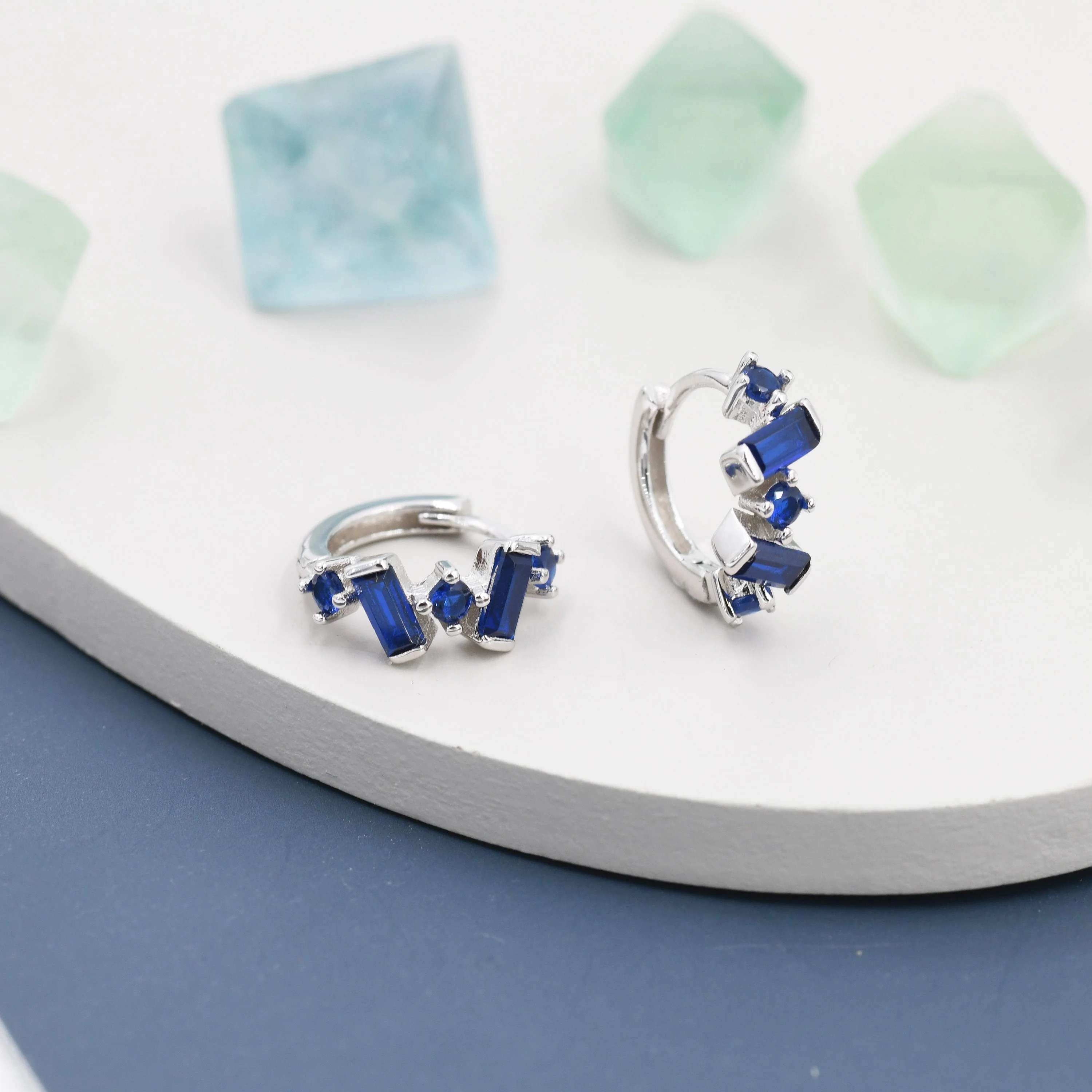 Sapphire Blue Baguette CZ Cluster Huggie Hoop in Sterling Silver, Silver or Gold, Geometric Hoop Earrings, Irregular Shaped - Image 3