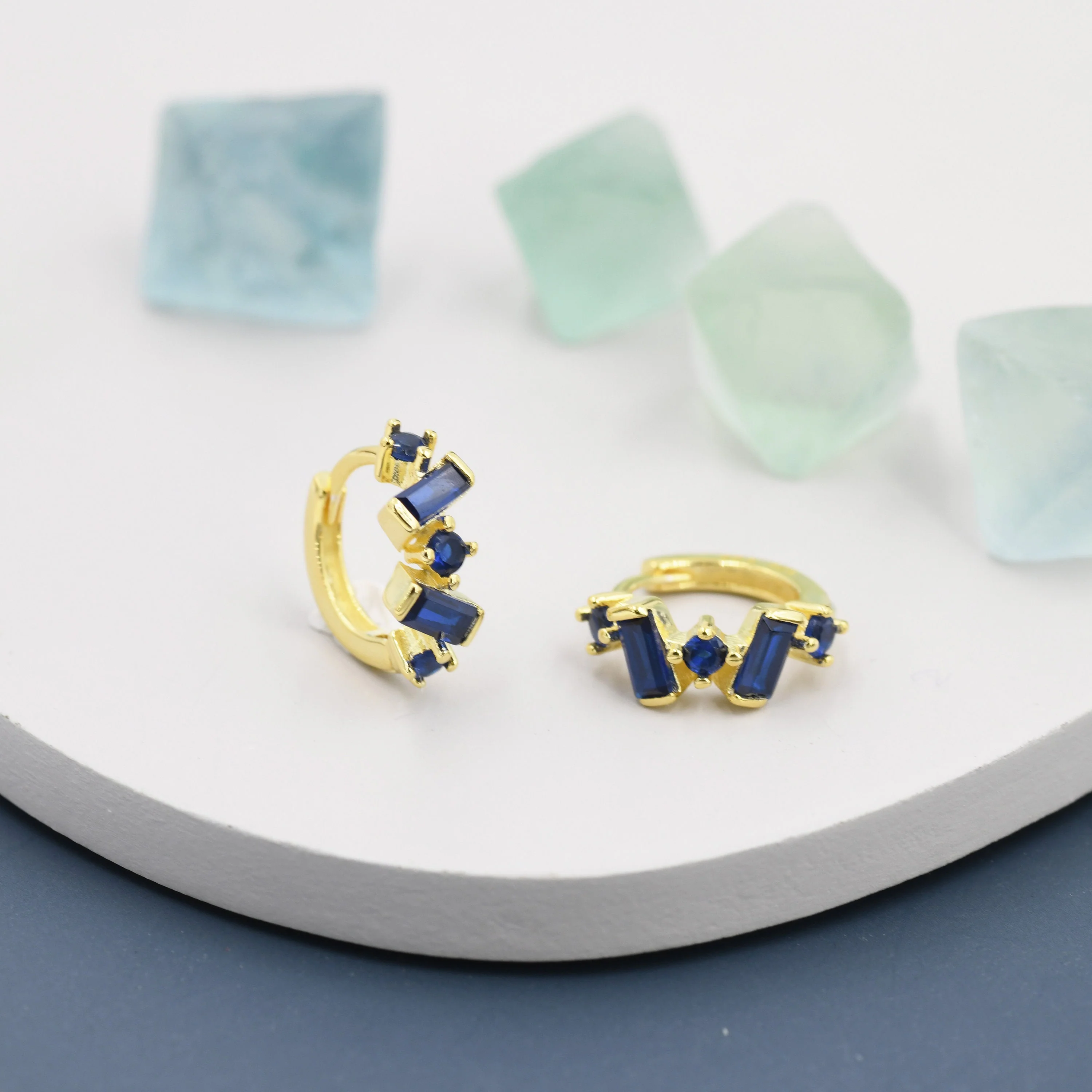 Sapphire Blue Baguette CZ Cluster Huggie Hoop in Sterling Silver, Silver or Gold, Geometric Hoop Earrings, Irregular Shaped - Image 4