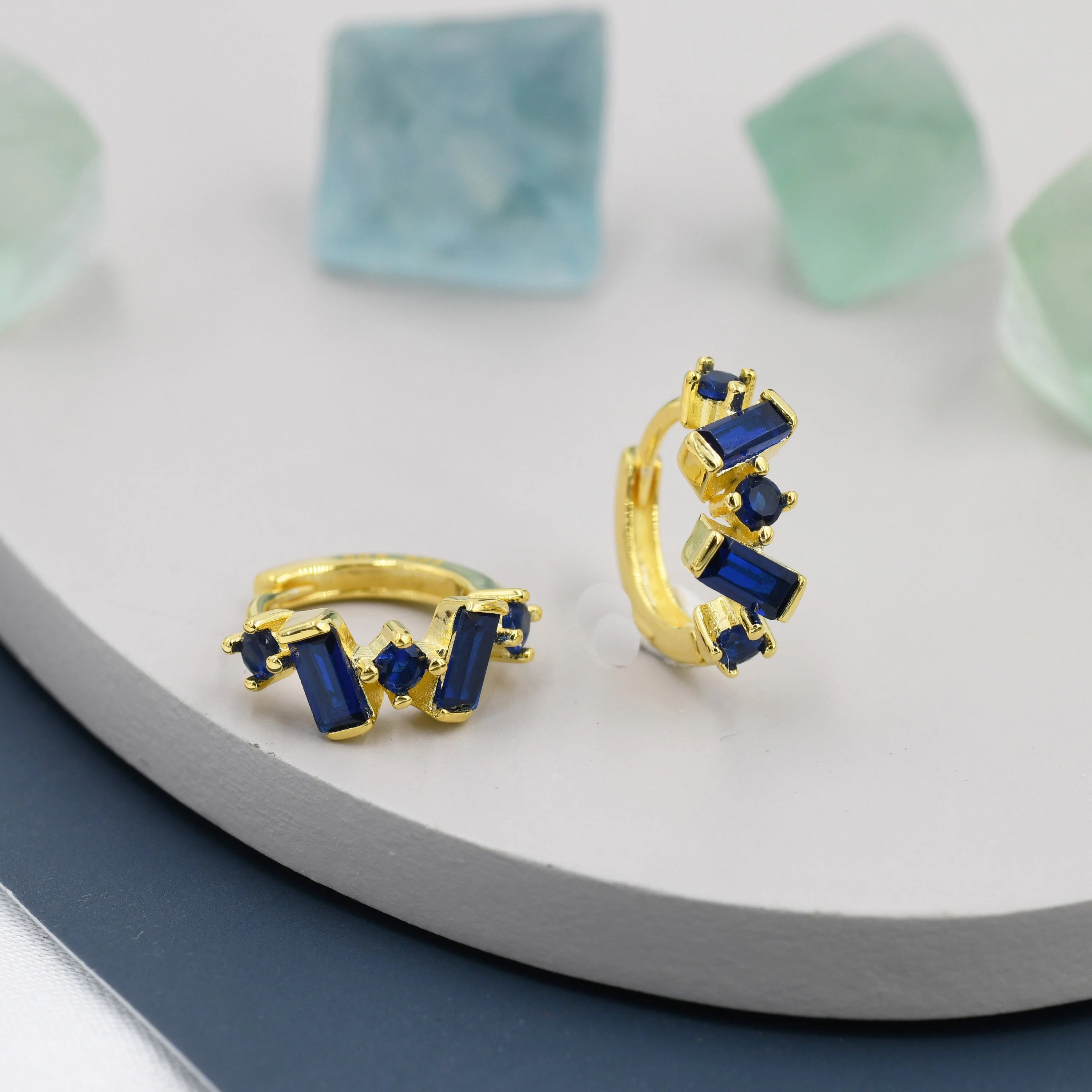 Sapphire Blue Baguette CZ Cluster Huggie Hoop in Sterling Silver, Silver or Gold, Geometric Hoop Earrings, Irregular Shaped - Image 5