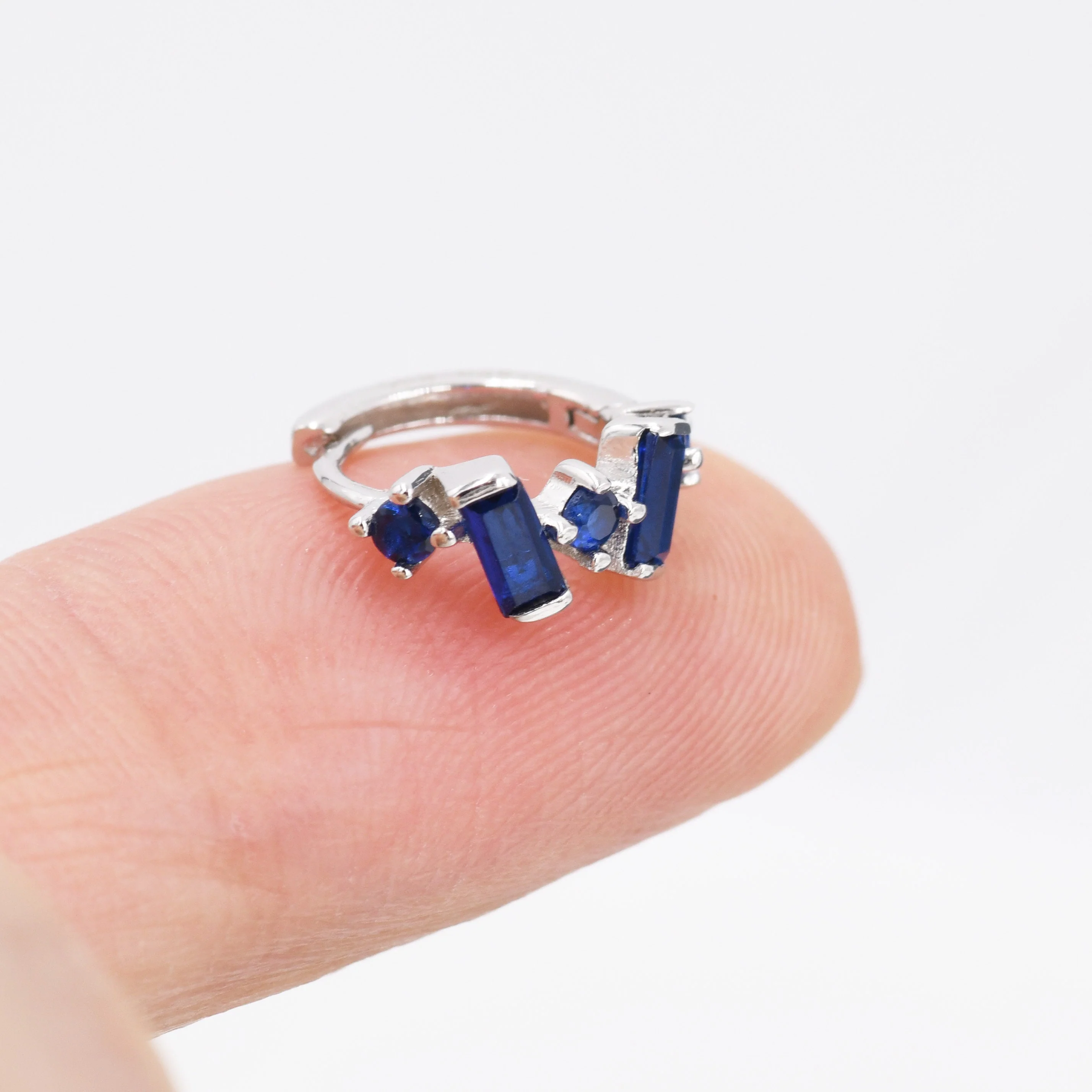 Sapphire Blue Baguette CZ Cluster Huggie Hoop in Sterling Silver, Silver or Gold, Geometric Hoop Earrings, Irregular Shaped - Image 6
