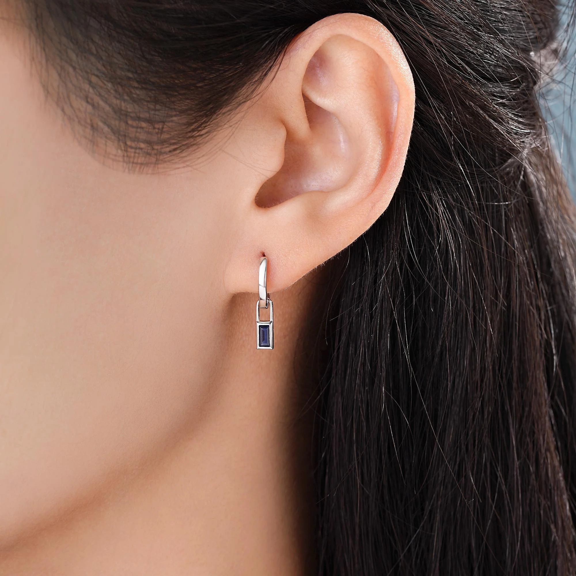 Dark Sapphire Blue Baguette CZ Huggie Hoop in Sterling Silver, Silver or Gold, Minimalist Hoop Earrings, Detachable and Interchangeable - Image 2
