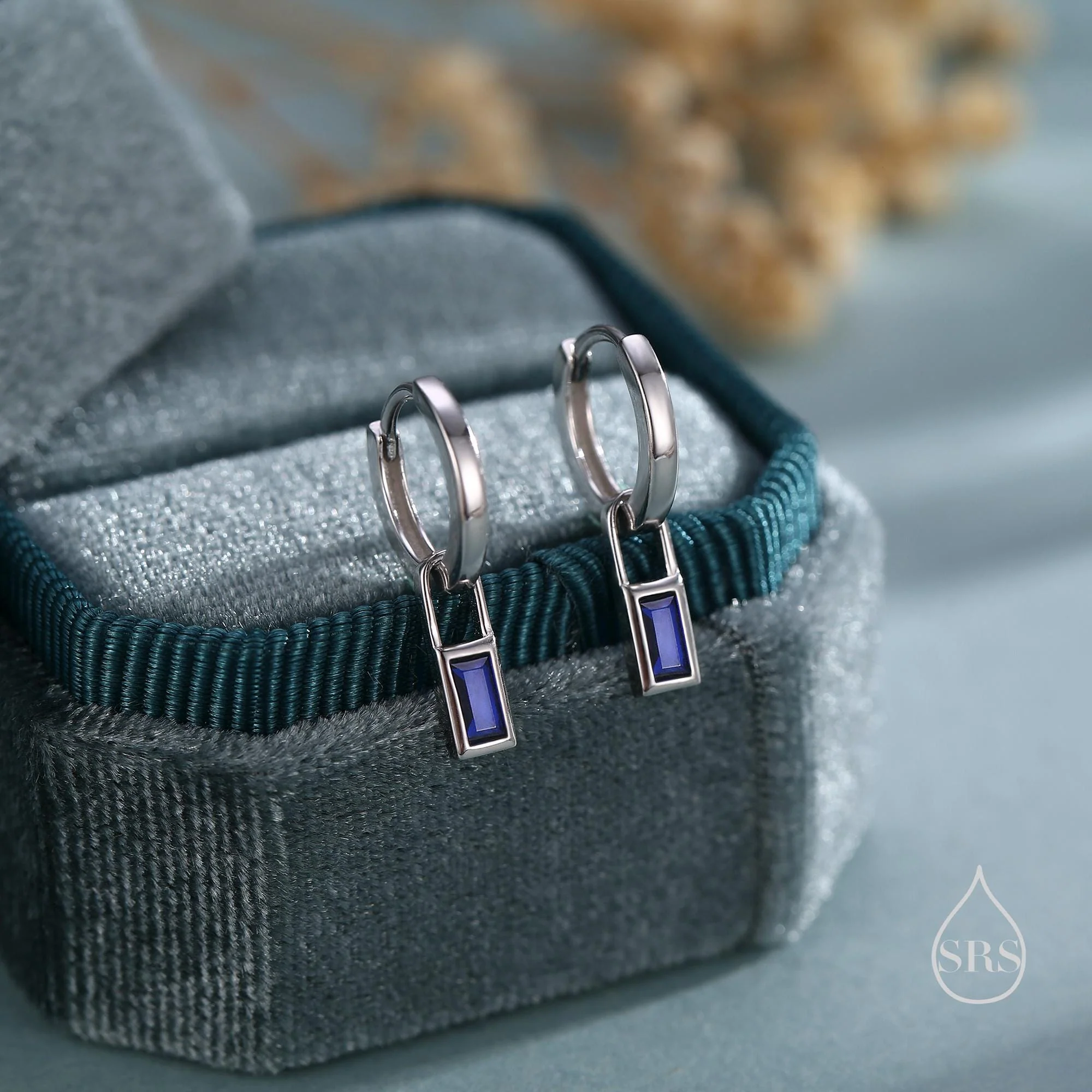Dark Sapphire Blue Baguette CZ Huggie Hoop in Sterling Silver, Silver or Gold, Minimalist Hoop Earrings, Detachable and Interchangeable - Image 3