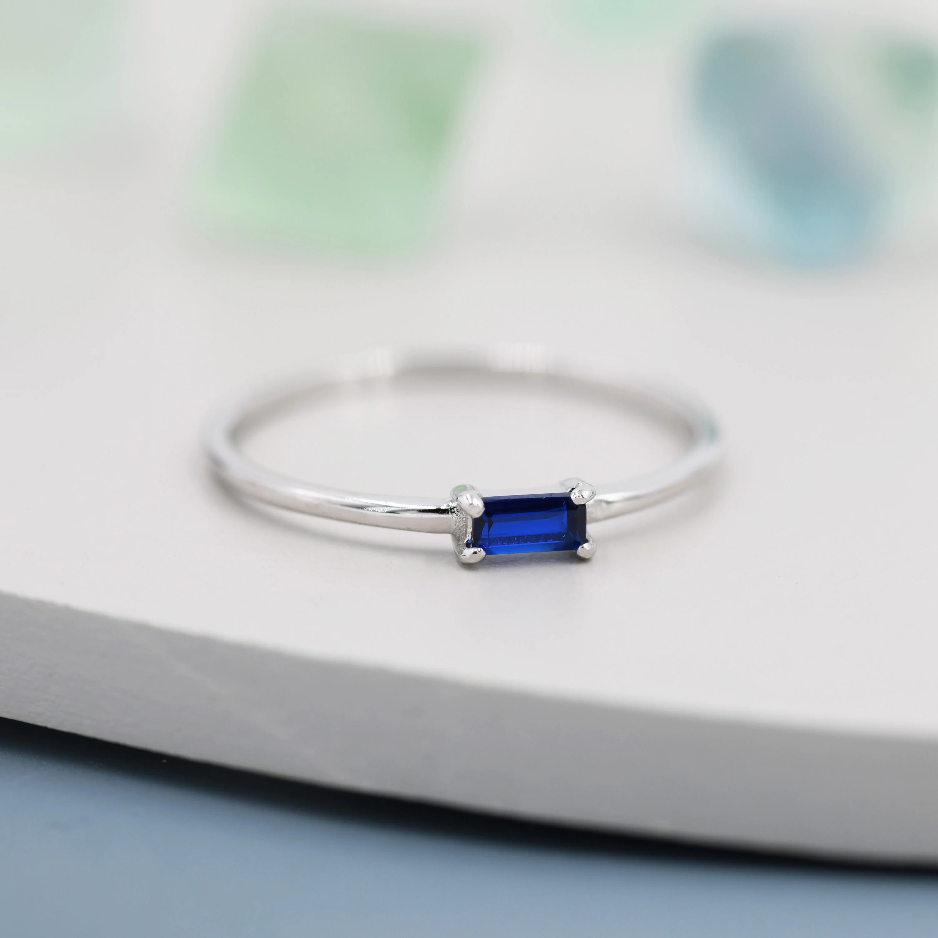 Sapphire Blue Baguette CZ Ring in Sterling Silver, Silver or Gold, Minimalist Single Baguette CZ Ring US 5 - 8 - Image 3
