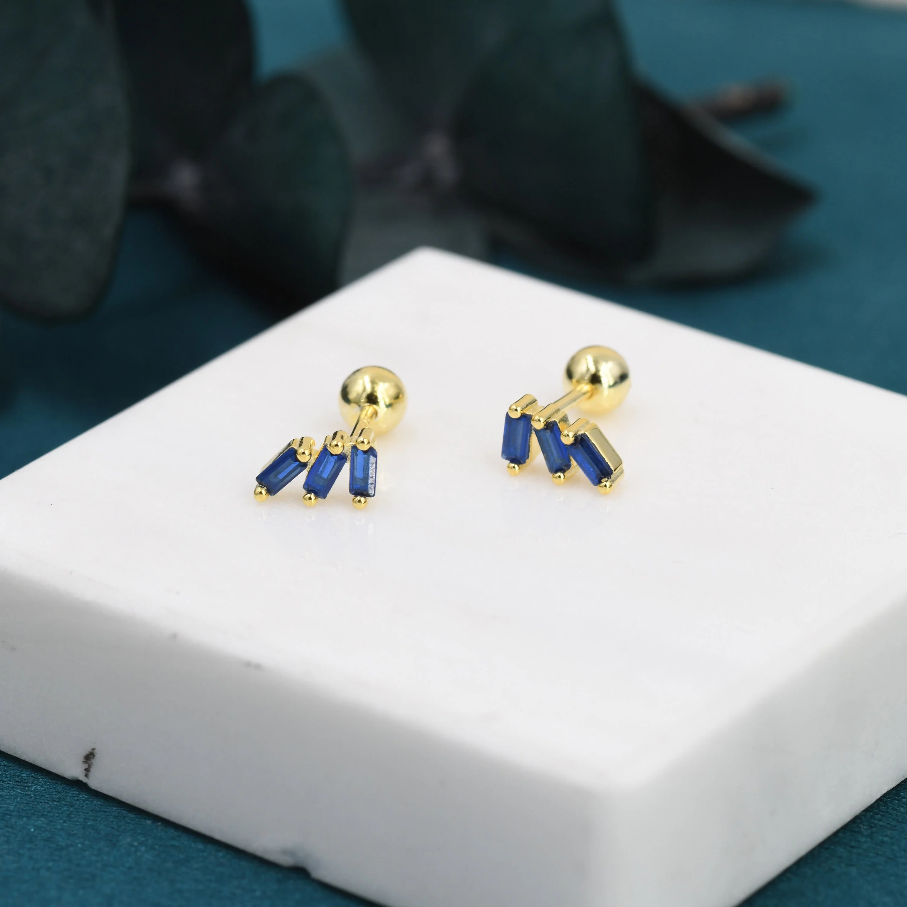 Sapphire Blue Baguette Trio CZ Screw back Earrings in Sterling Silver, Silver or Gold, Baguette Cluster Screwback Earrings - Image 4