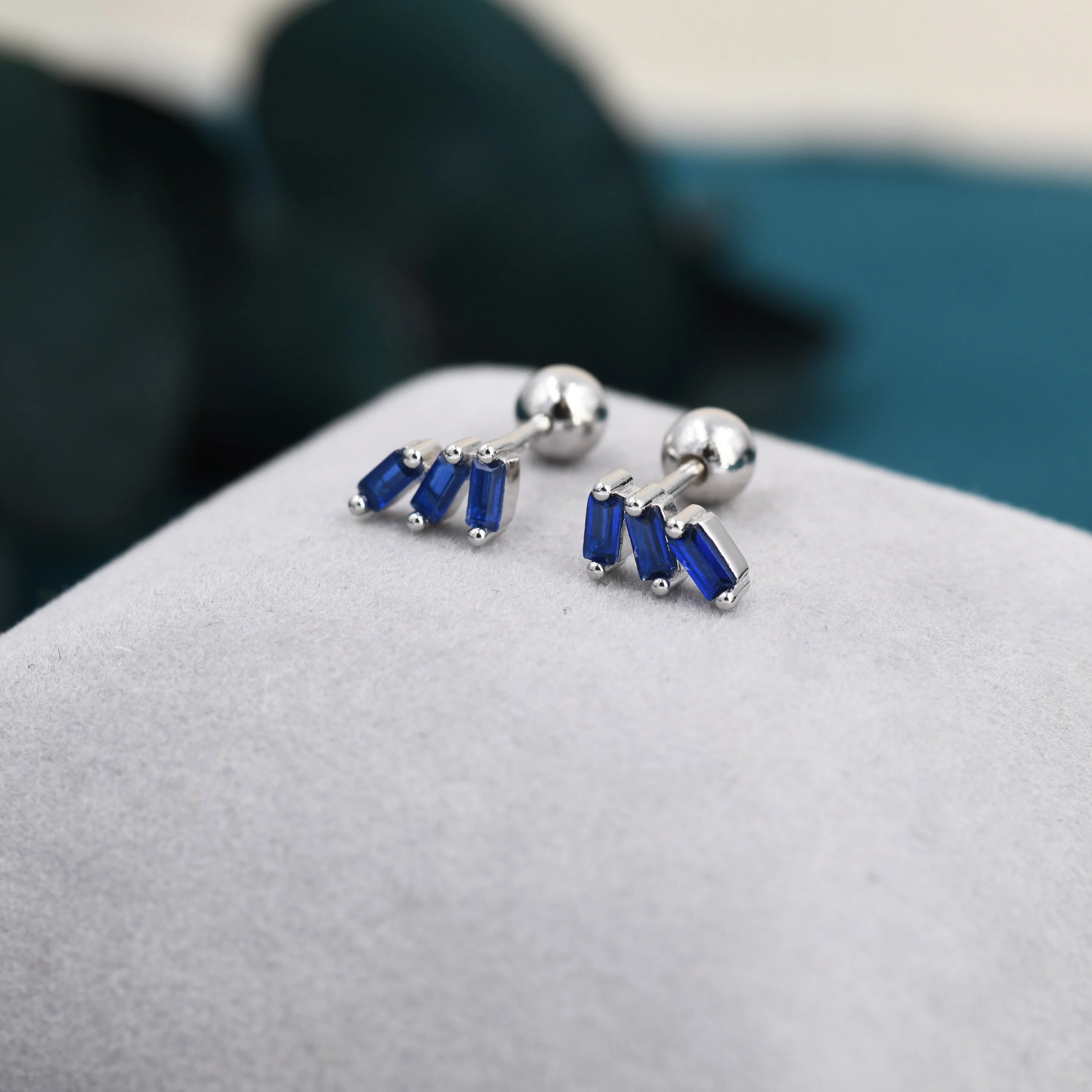 Sapphire Blue Baguette Trio CZ Screw back Earrings in Sterling Silver, Silver or Gold, Baguette Cluster Screwback Earrings - Image 7