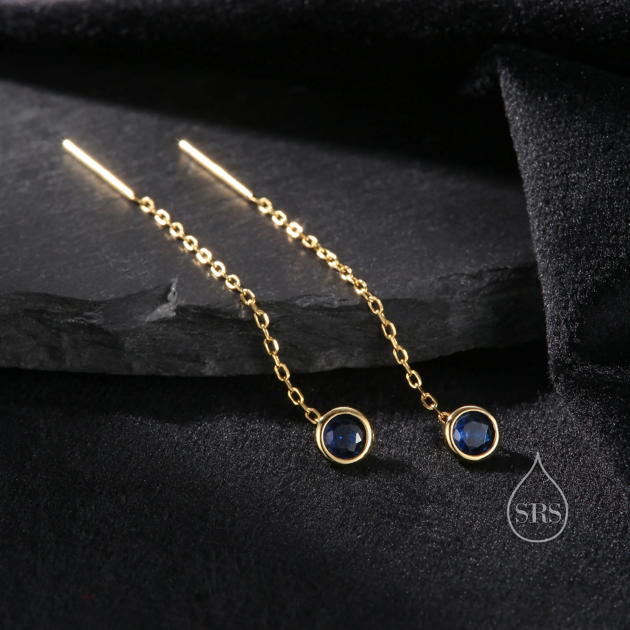 Sapphire Blue Bezel CZ Crystal Threader Earrings in Sterling Silver, Silver or Gold, Minimalist Crystal Ear Threaders, Threader Ear Jackets - Image 3