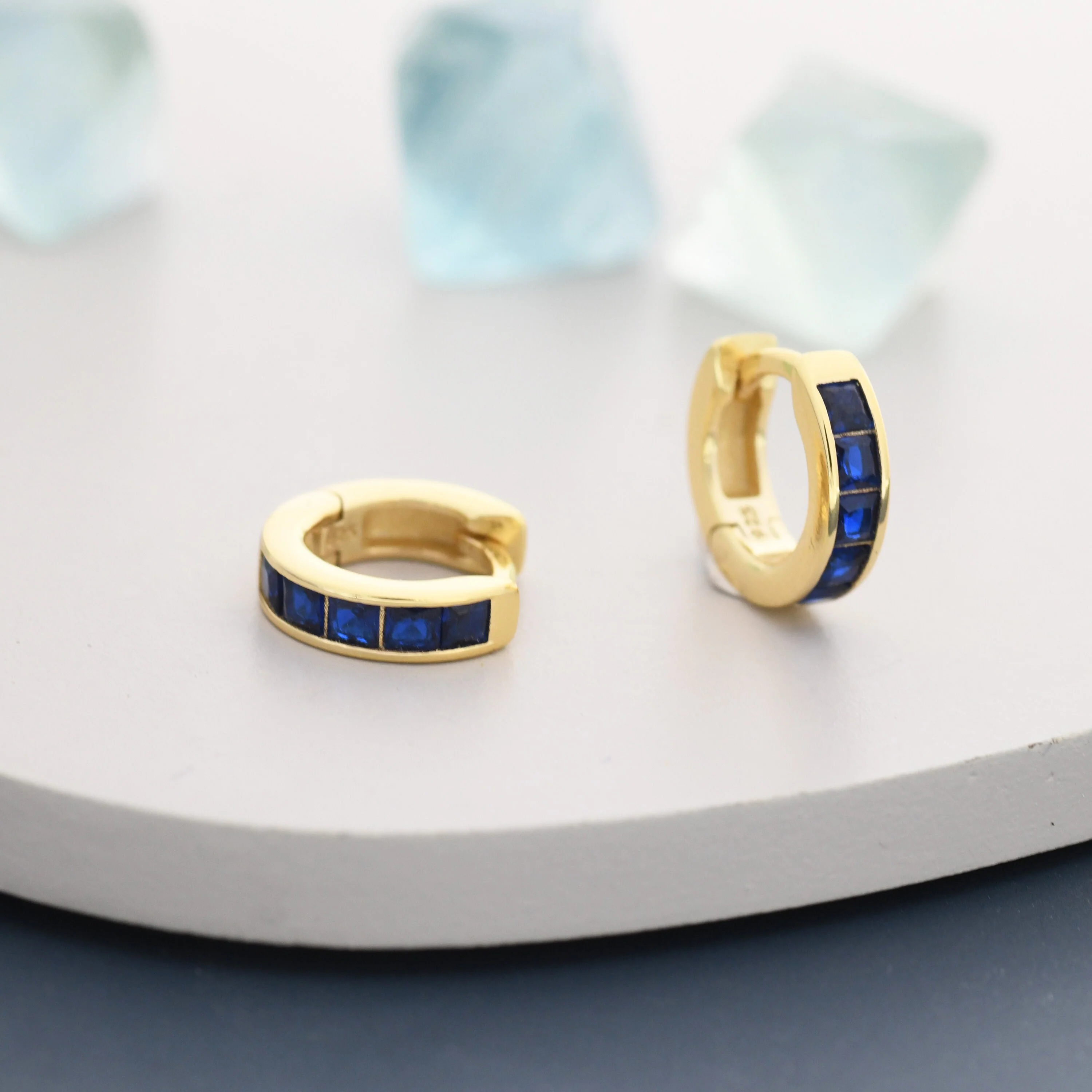 Sapphire Blue CZ  3mm Huggie Hoop in Sterling Silver, Silver or Gold,  7mm Inner Diameter Hoop Earrings, September Birthstone, Princess Cut - Image 3