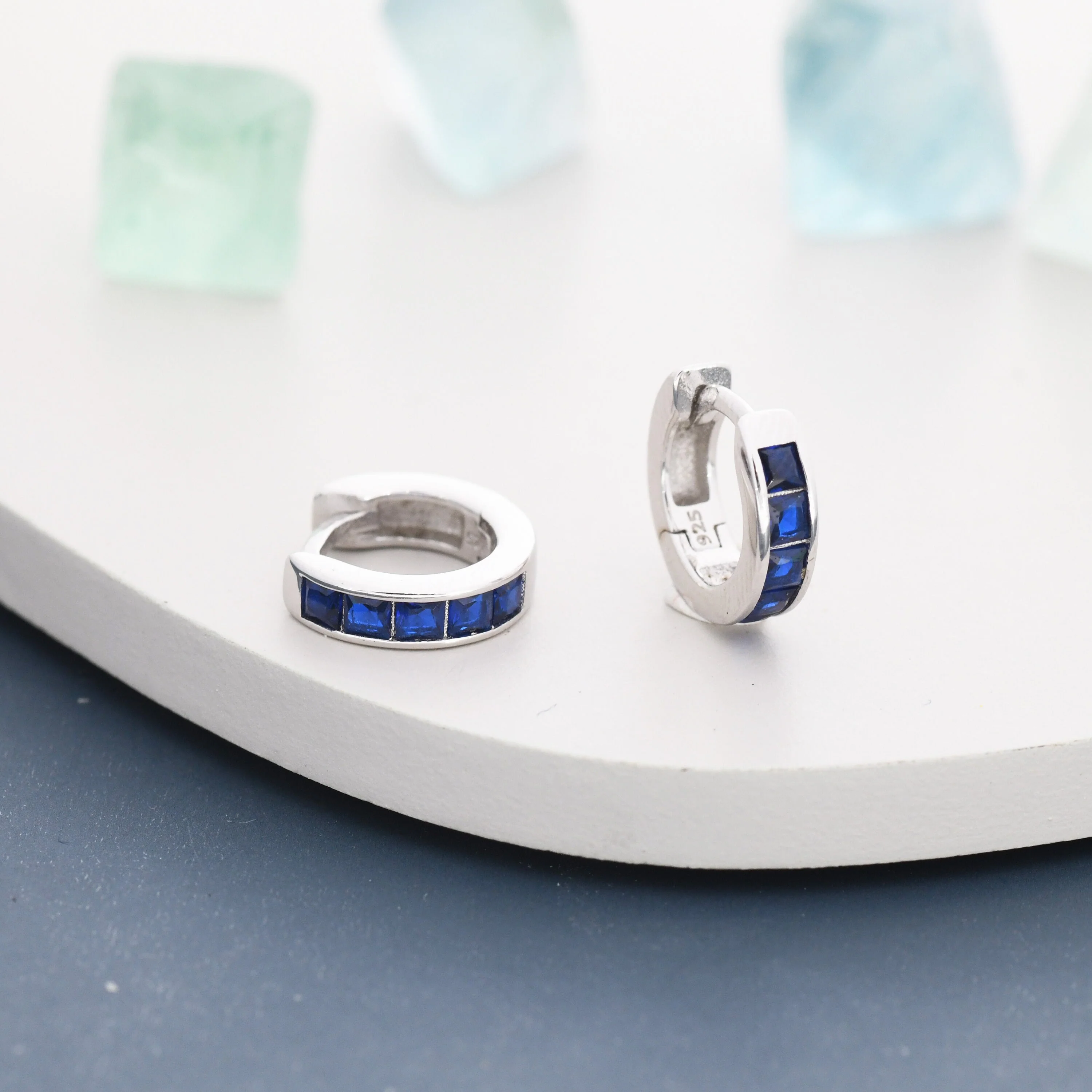 Sapphire Blue CZ  3mm Huggie Hoop in Sterling Silver, Silver or Gold,  7mm Inner Diameter Hoop Earrings, September Birthstone, Princess Cut - Image 4