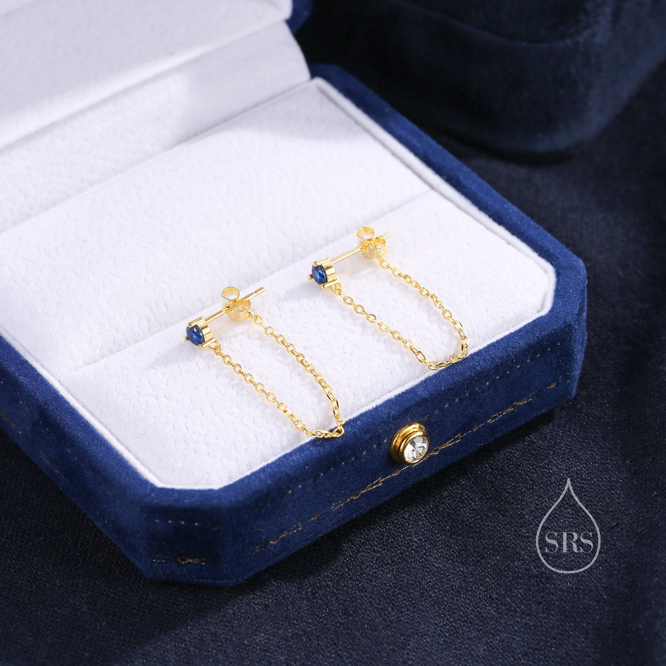 Sapphire Blue CZ and Chain Ear Jacket in Sterling Silver, Silver or Gold, Front and Back Earrings, Two Part Earrings, Earring with Chain - Image 6