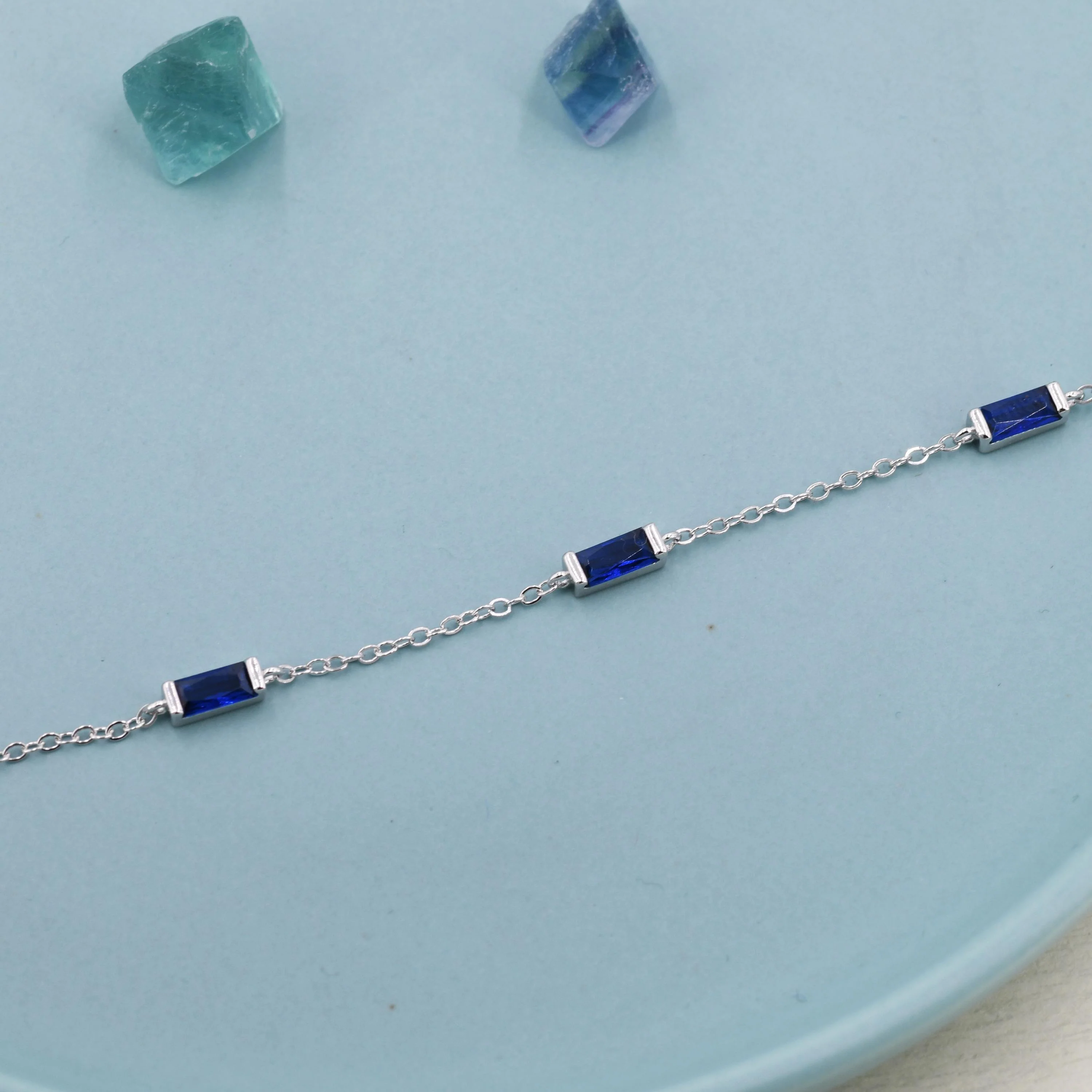 Sapphire Blue CZ Baguette Satellite Bracelet in Sterling Silver, Silver or Gold, Baguette CZ Bracelet, Chain Bracelet, Delicate CZ Bracelet - Image 3