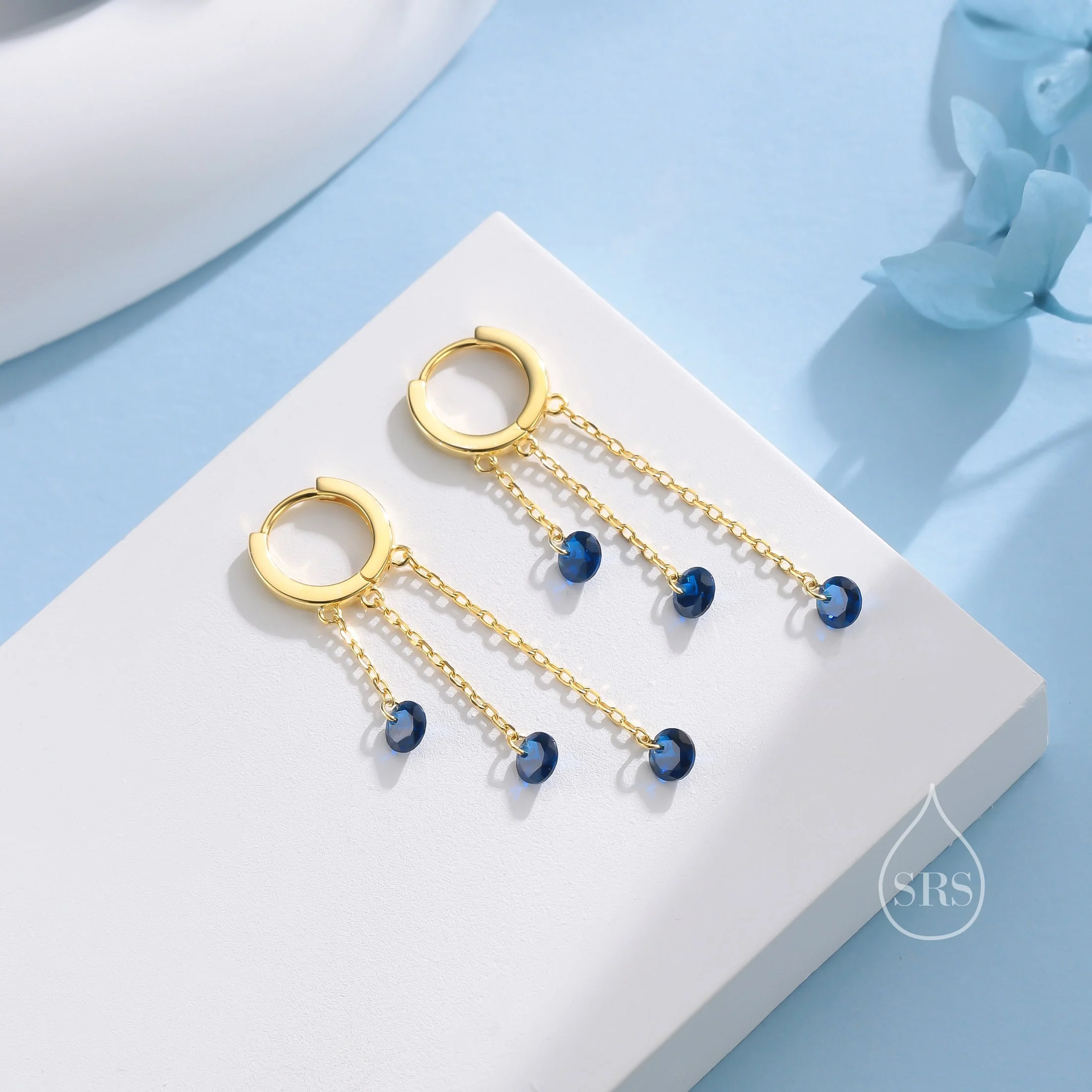Sapphire Blue CZ Cascade Huggie Hoop Earrings in Sterling Silver, Silver or Gold, Geometric CZ Dangle Hoop Earrings, CZ Hoop Earrings - Image 3