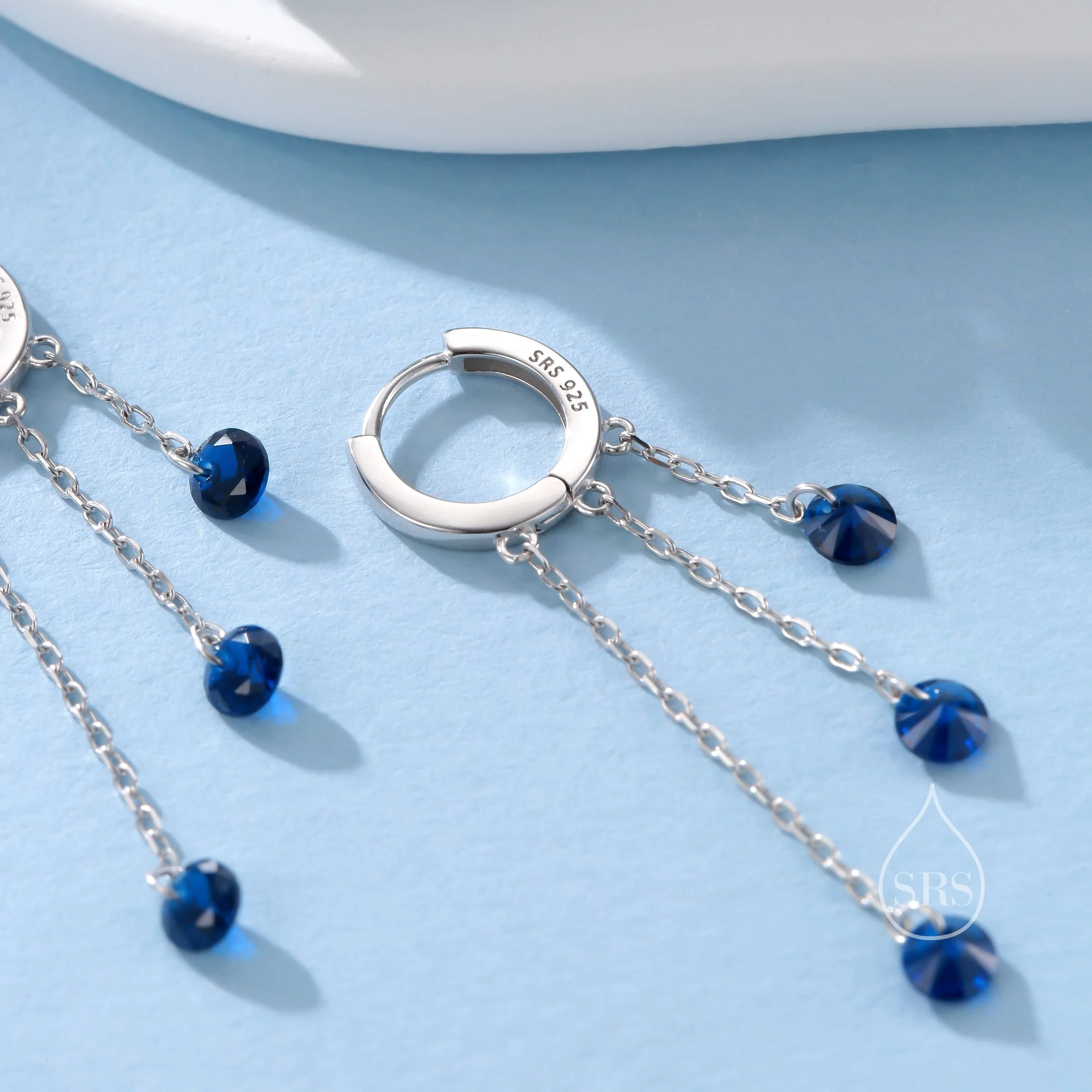 Sapphire Blue CZ Cascade Huggie Hoop Earrings in Sterling Silver, Silver or Gold, Geometric CZ Dangle Hoop Earrings, CZ Hoop Earrings - Image 7