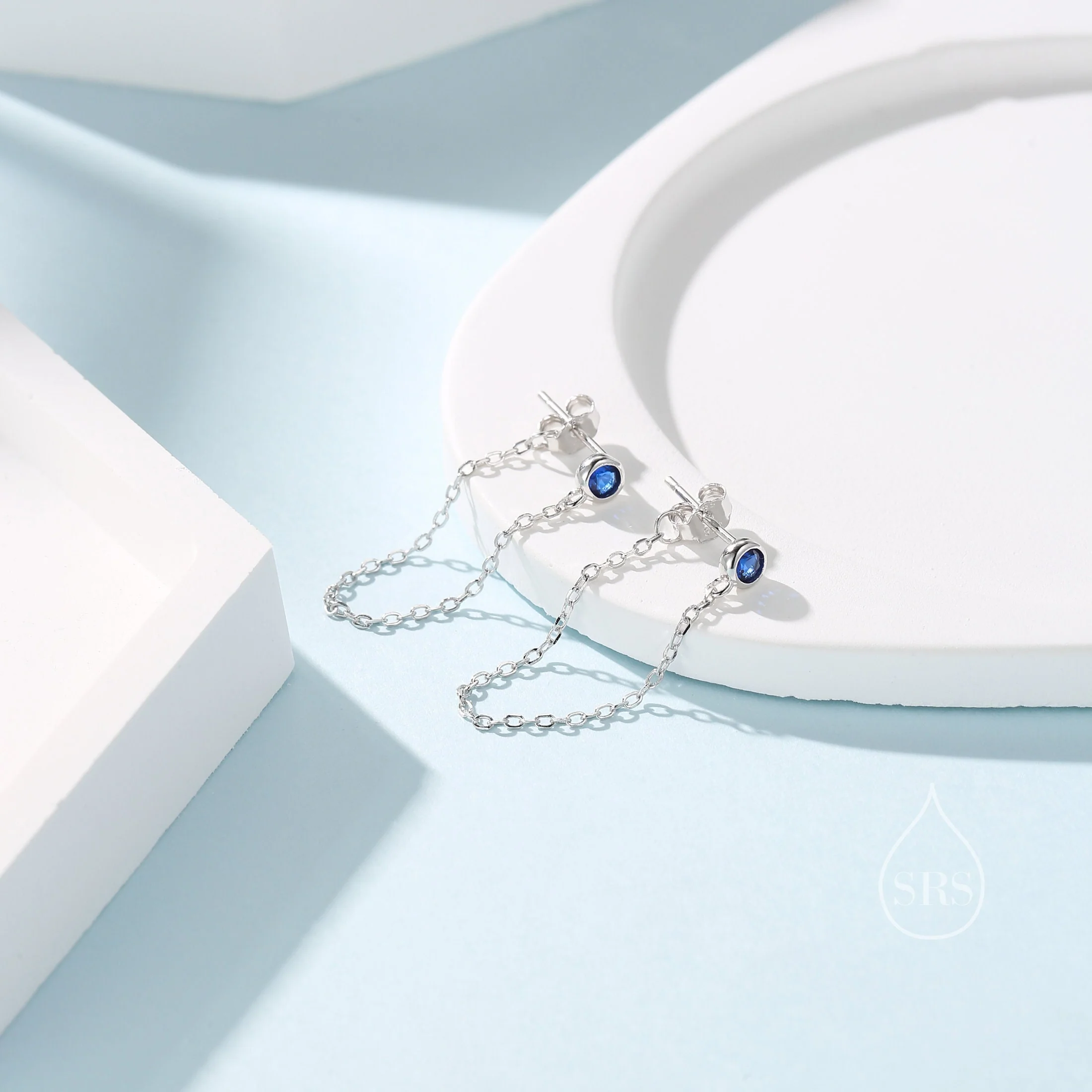 Sapphire Blue CZ Chain Ear Jacket in Sterling Silver, Silver or Gold, Front and Back Earrings, Two Part Earrings, Linking Chain Earrings - Image 2