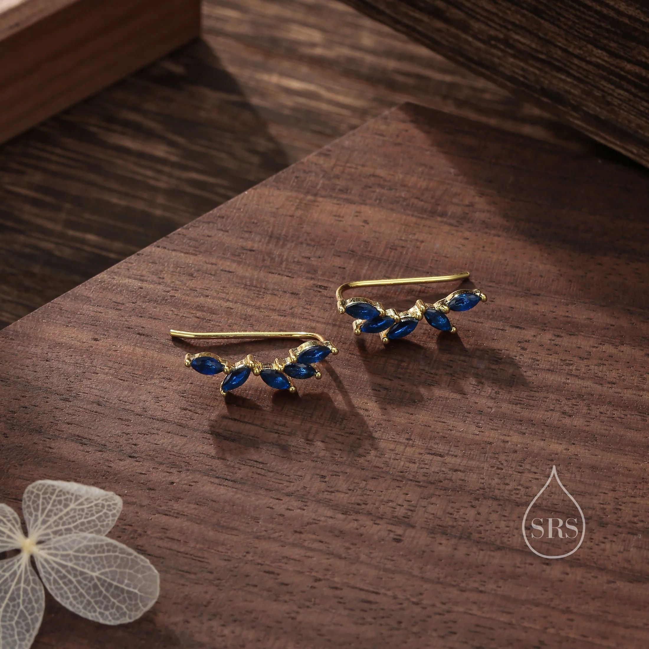 Sapphire Blue CZ Cluster Crawler Earrings in Sterling Silver, Silver or Gold, Blue CZ Marquise Ear Crawlers, CZ Cluster Earrings - Image 4